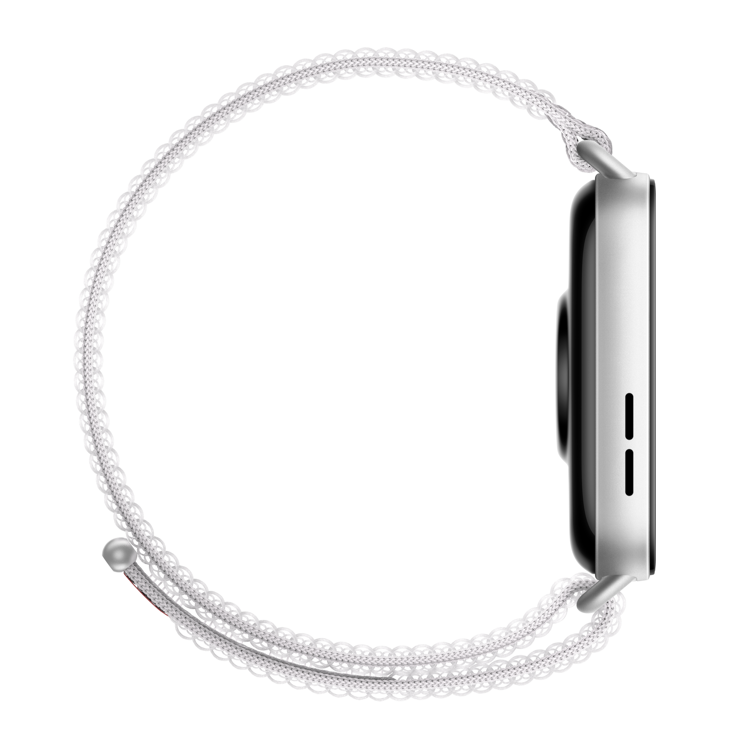 Een smartwatch met een witte band. Het horloge staat aan de rechterkant, de band is circulair.