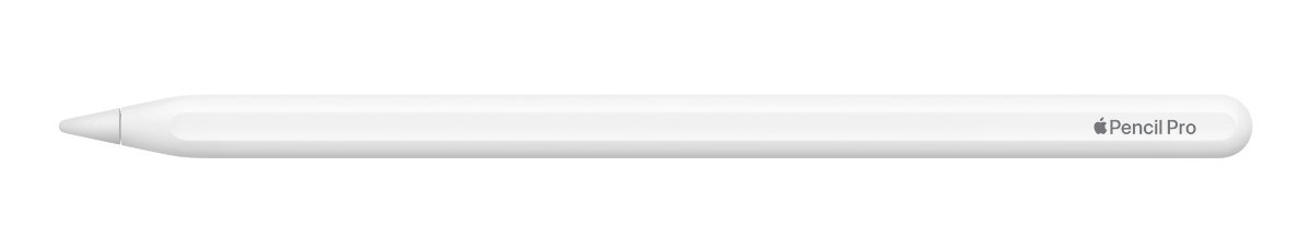 Biały Apple Pencil Pro, leżący poziomo na białym tle.