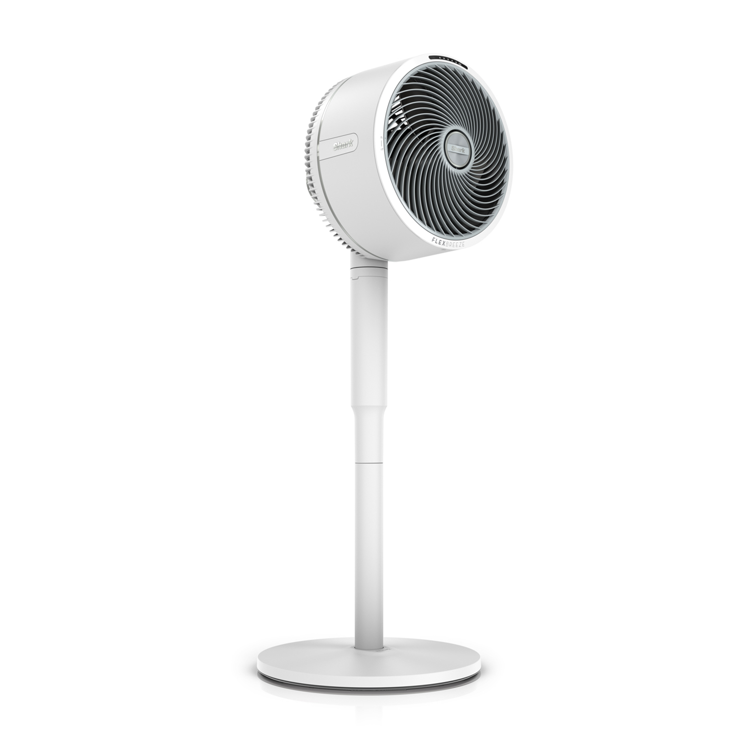 Ventilatore bianco moderno con supporto, base circolare e testa regolabile.