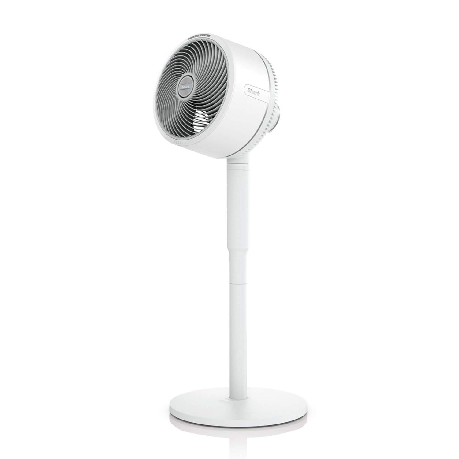 Ventilatore bianco su supporto. Il ventilatore ha pale grigie. Base e stelo bianchi.