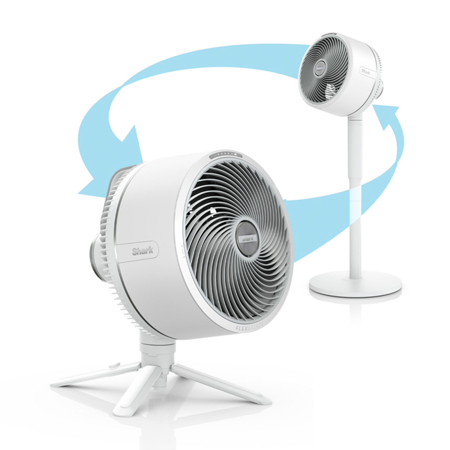 Due ventilatori Shark bianchi, uno verticale e uno su treppiede, con frecce blu.