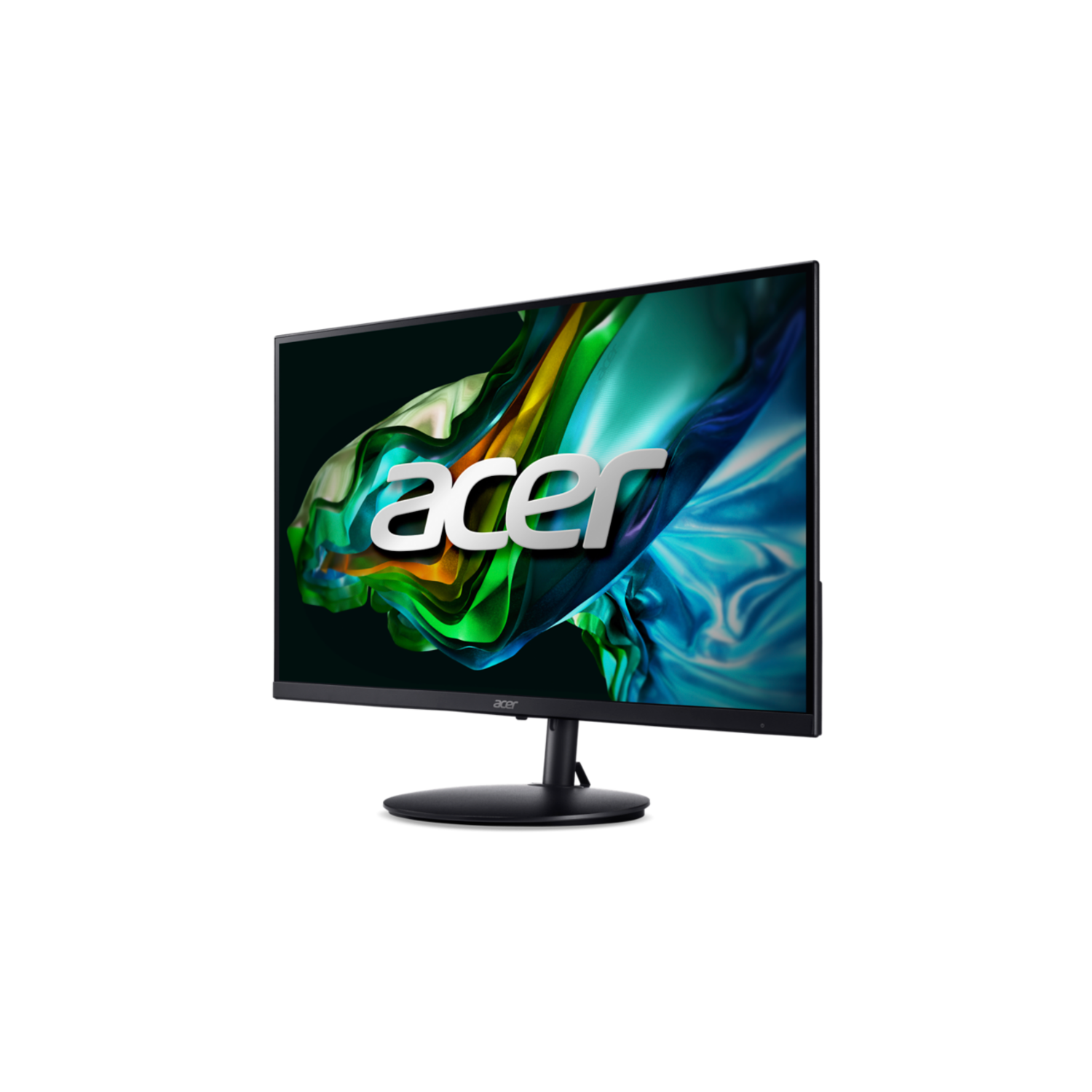 Een Acer-monitor onder een hoek, met een kleurrijke abstracte achtergrond en het Acer-logo prominent weergegeven.