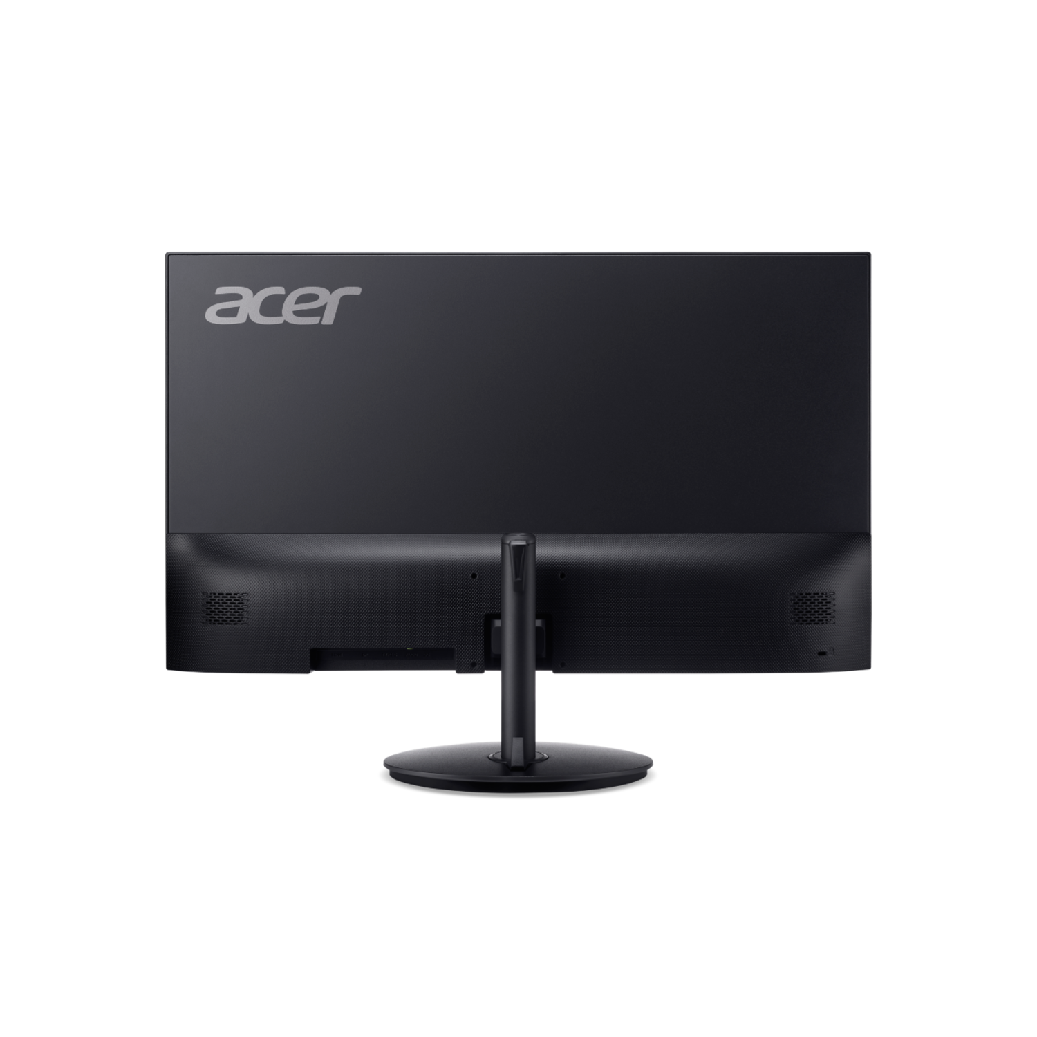 Achterkant van een zwarte Acer monitor. Het logo staat bovenaan. Stand in het midden.