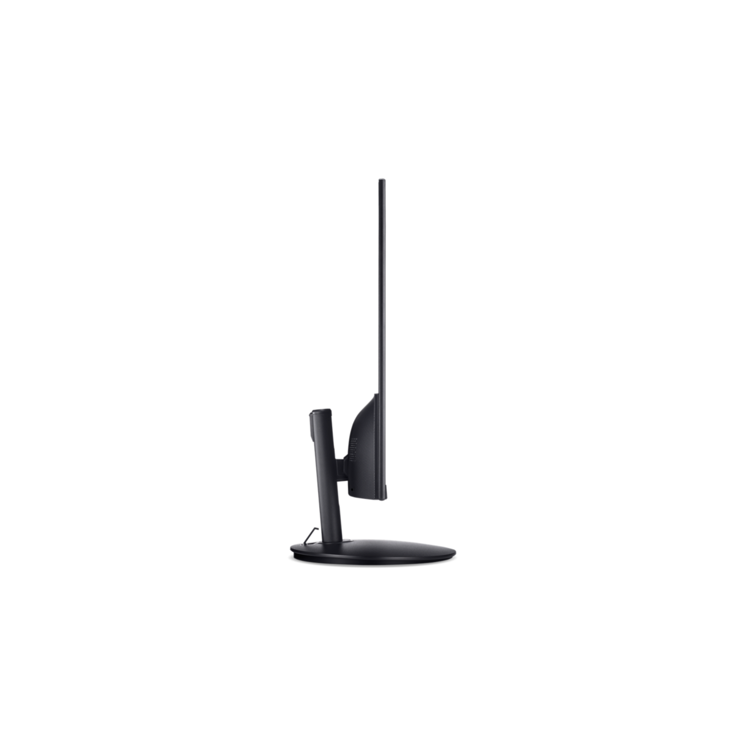 Zijaanzicht van een zwarte computermonitor. Het scherm is dun en op een standaard gemonteerd.