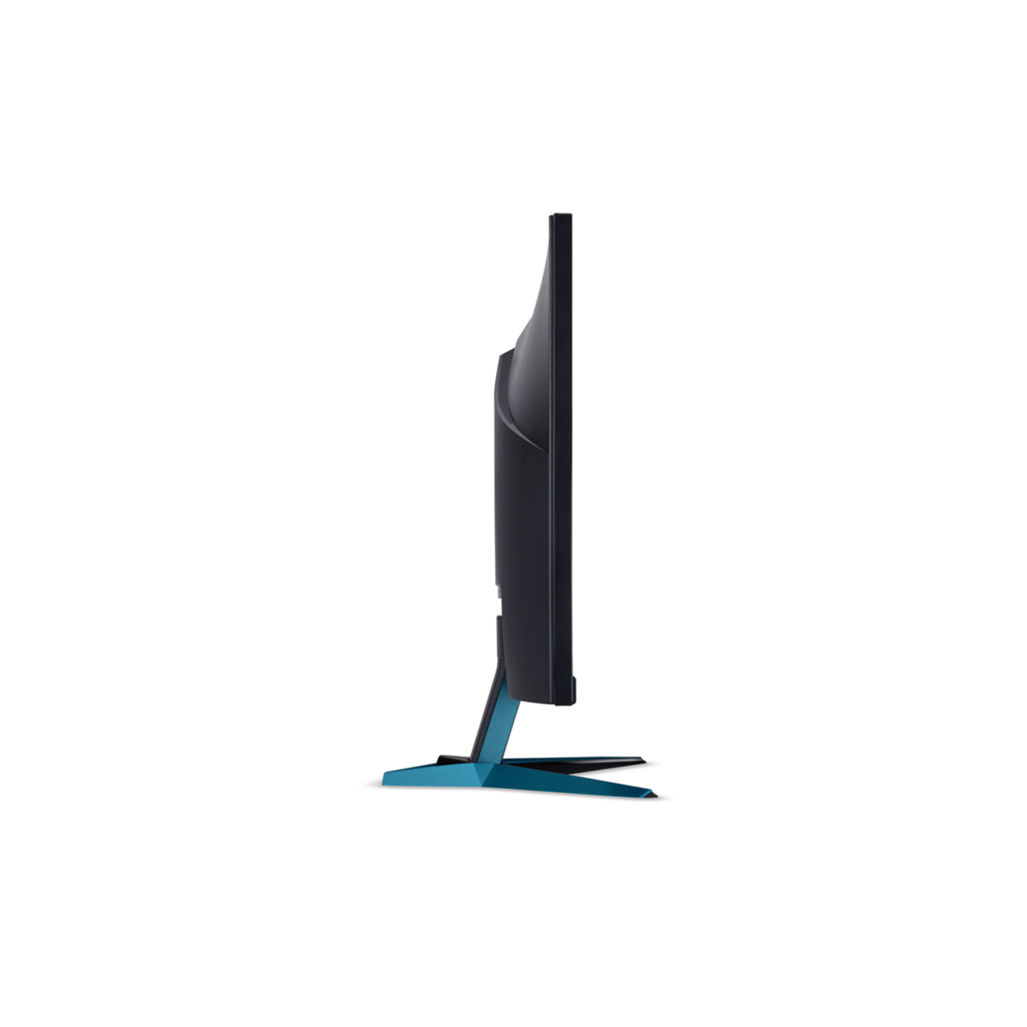 Side view of a monitor. The monitor is black with a blue base. The monitor is on a white surface.