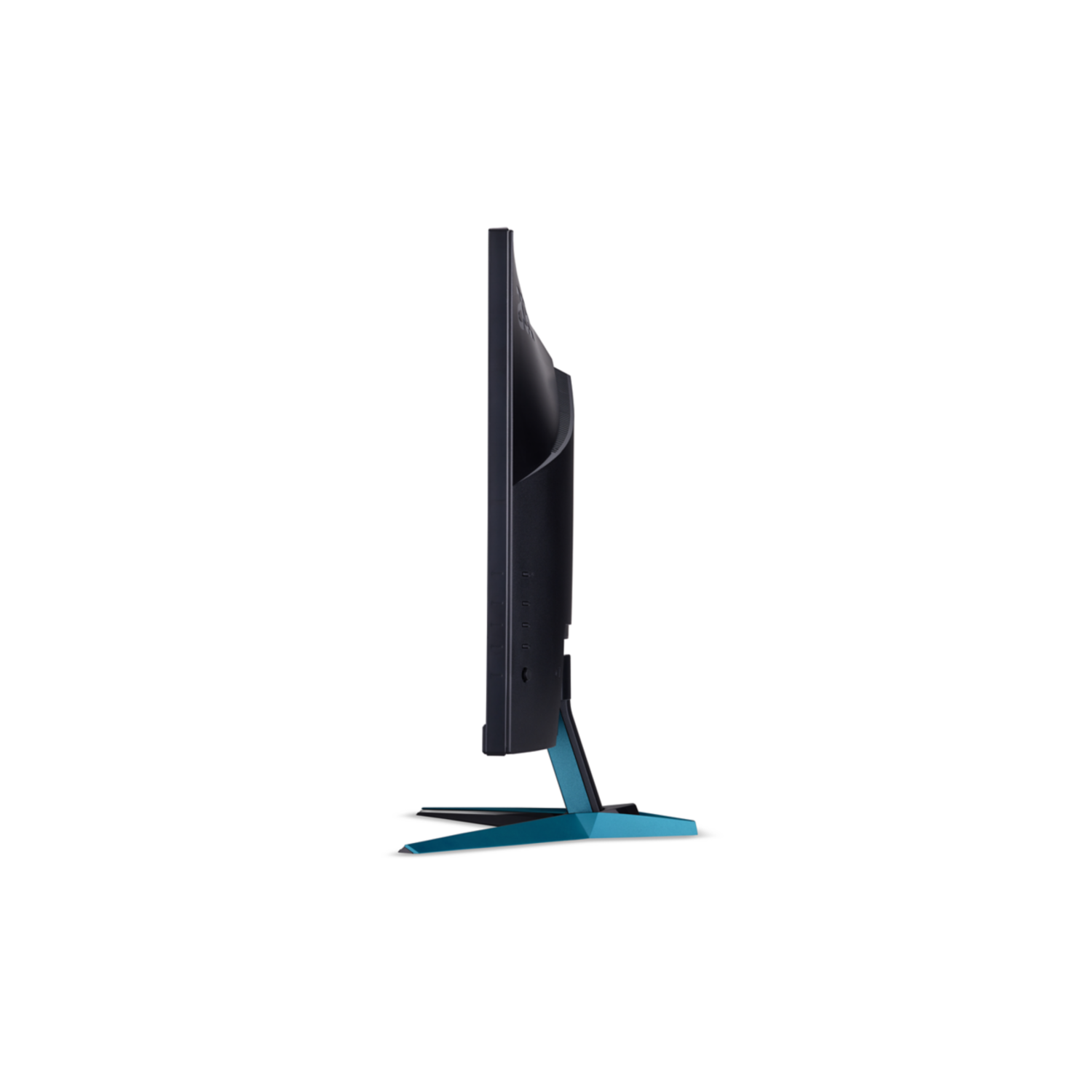 A side view of a monitor, black frame with a blue stand.