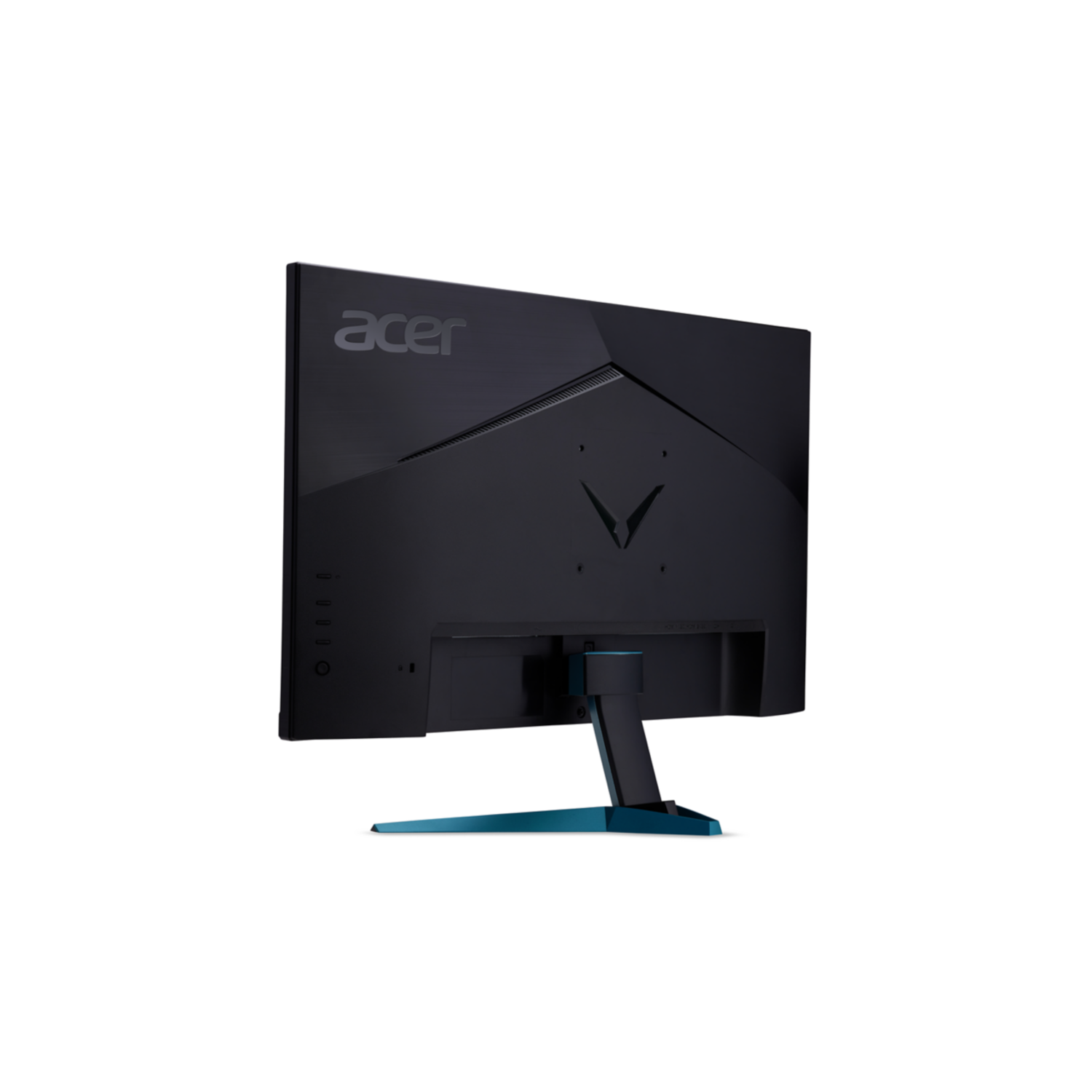 Black Acer monitor with a blue stand, back view. The screen is black.