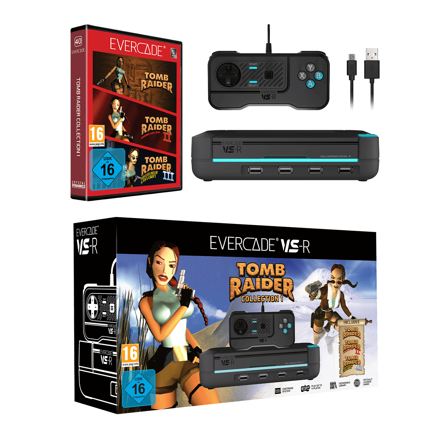 Evercade VS-R Konsole und Tomb Raider Spielkassette. Spielebox zeigt Lara Croft mit Waffen.
