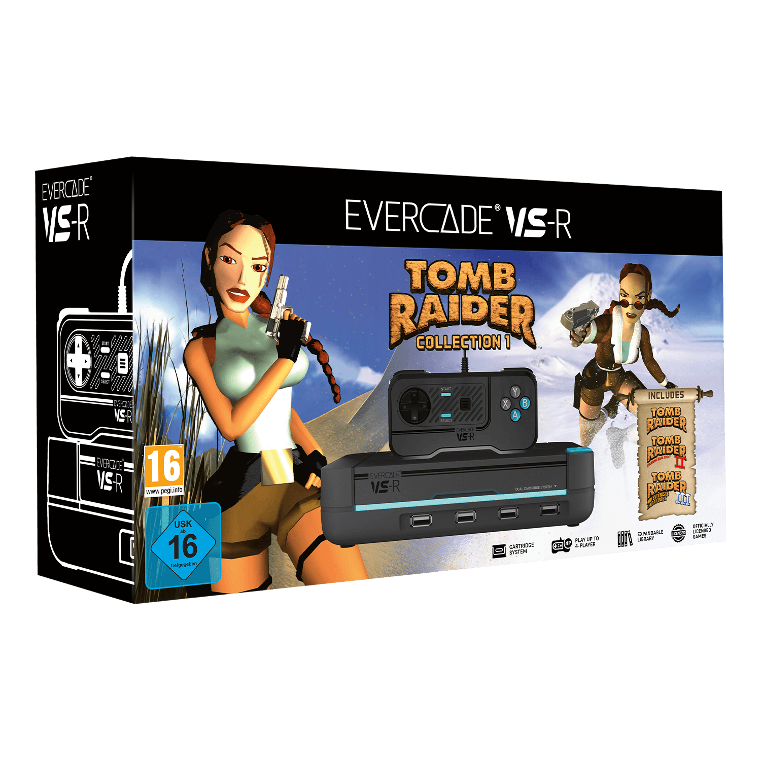 Evercade VS-R Tomb Raider Collection 1 Box-Set mit Spielmodul und Controller.