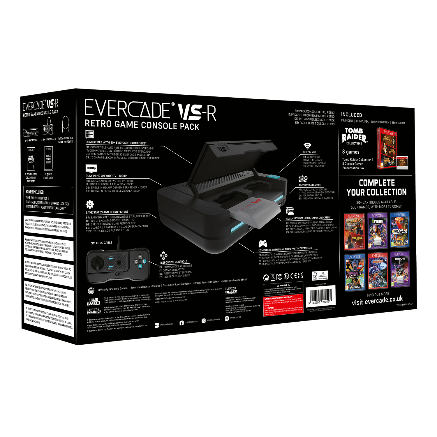 Eine Retro-Spielkonsolenbox mit einem Konsolenbild und dem Text 'EVERCADE VS-R'.