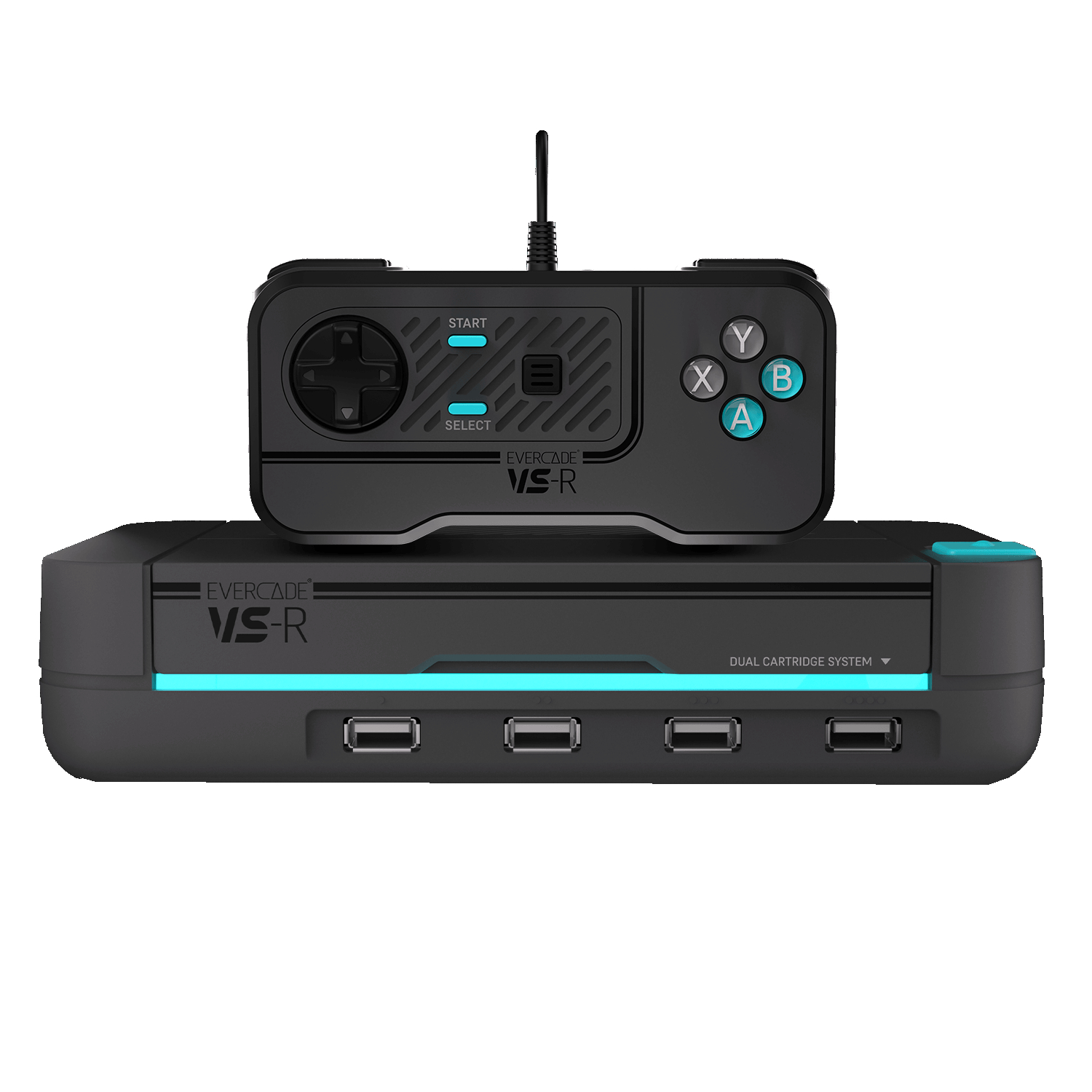 Spielkonsole mit Controller oben. Die Konsole ist schwarz mit hellblauem Akzent. Der Controller ist schwarz.