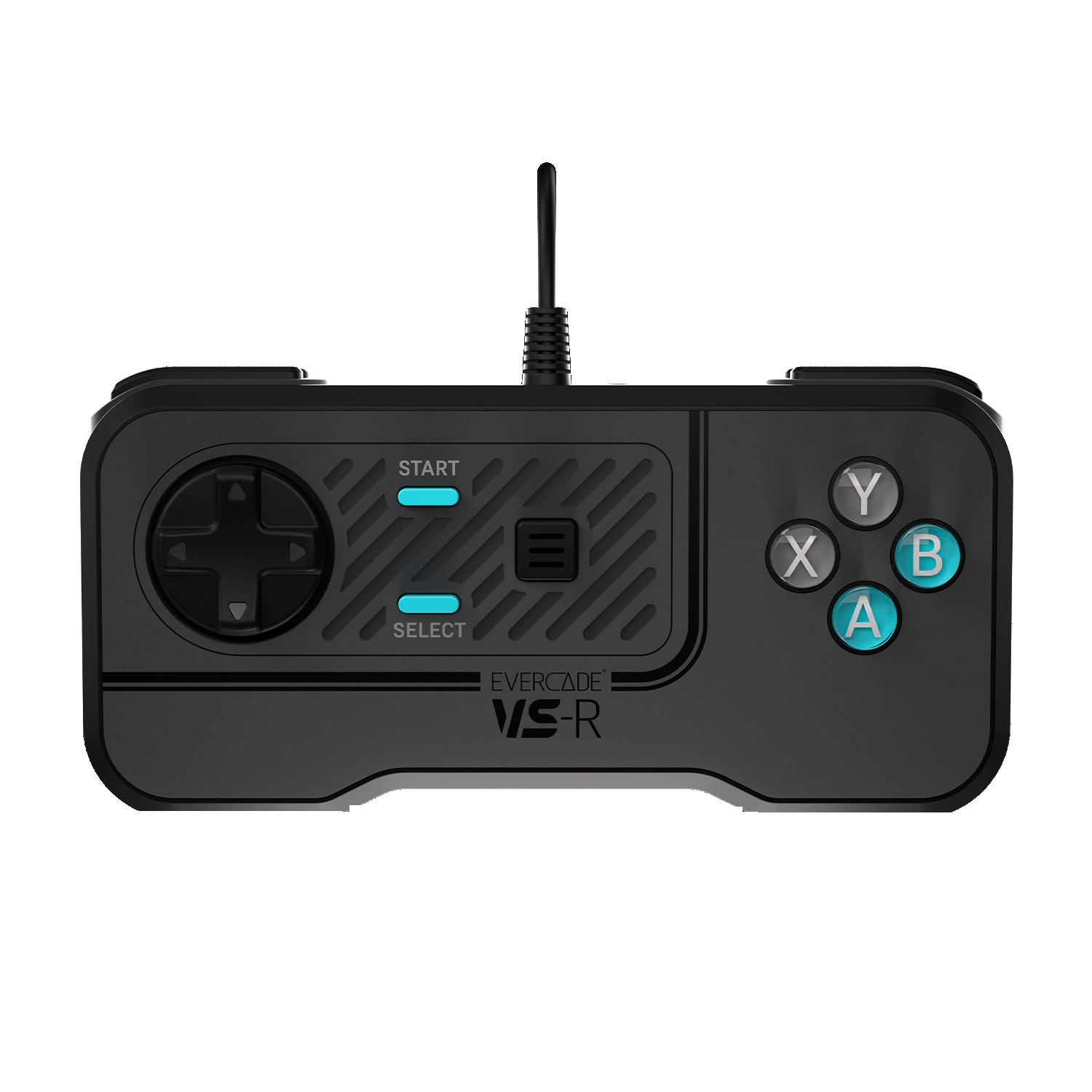 Schwarzer Evercade VS-R Controller. Hat ein Steuerkreuz, Start-, Select- und Aktionstasten.
