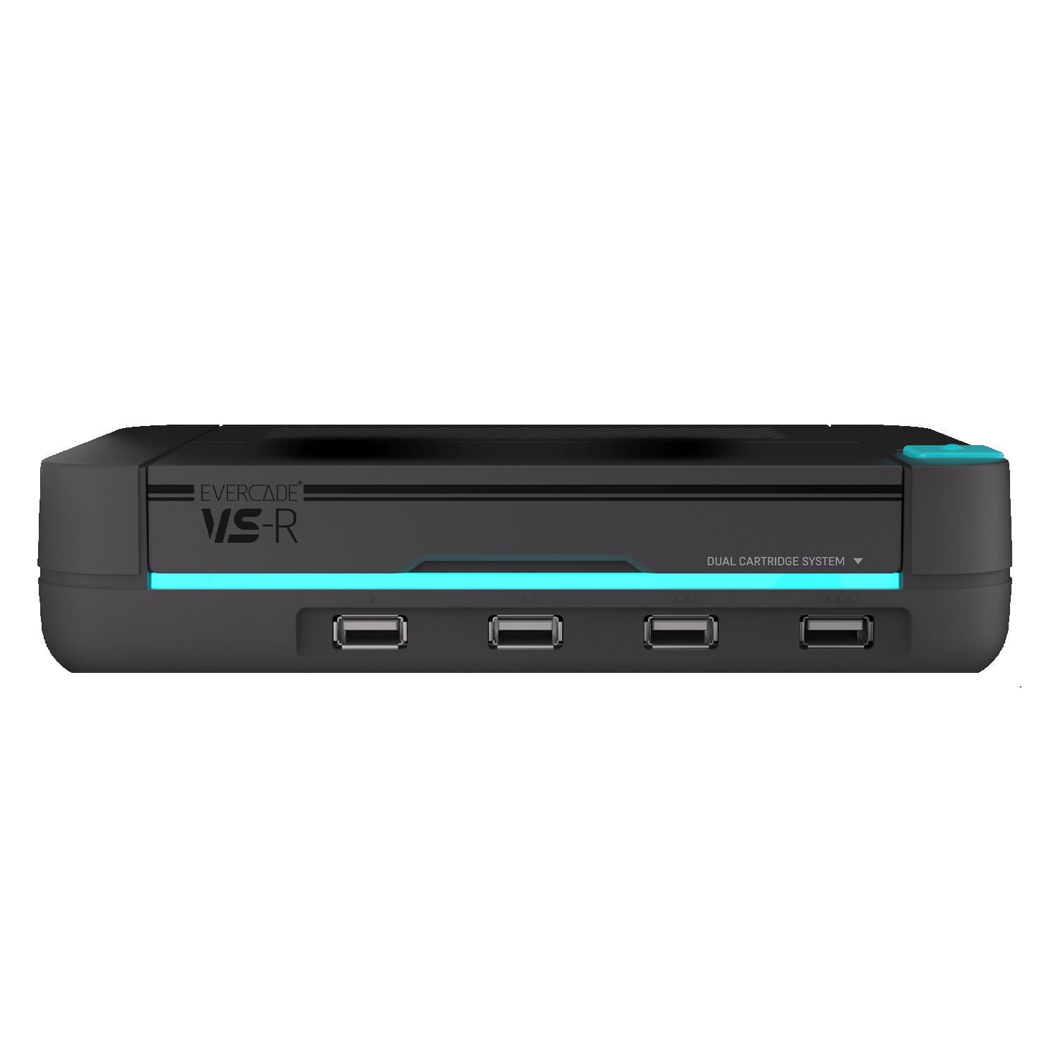 Schwarze und türkisfarbene Evercade VS-R Konsole mit USB-Anschlüssen.