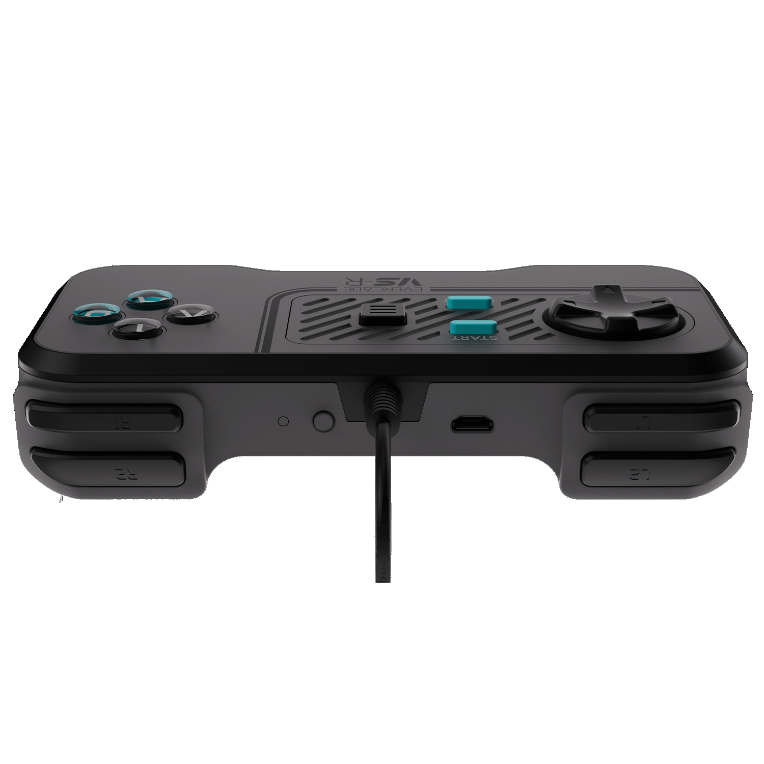 Evercade VS-Controller. Dunkelgrau mit blauen Knöpfen, Steuerkreuz und schwarzem Kabel.