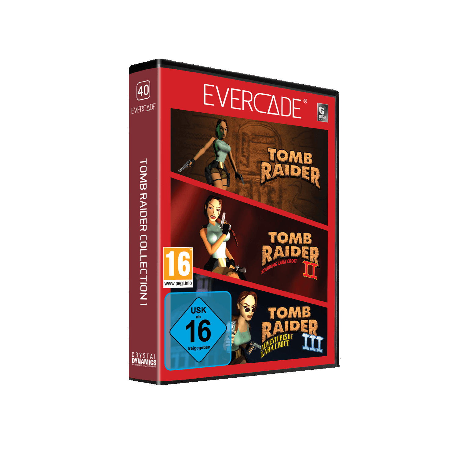 Tomb Raider Spielbox-Set mit drei Spielen und Lara Croft-Bildern. Rote und schwarze Box auf weißem Hintergrund.