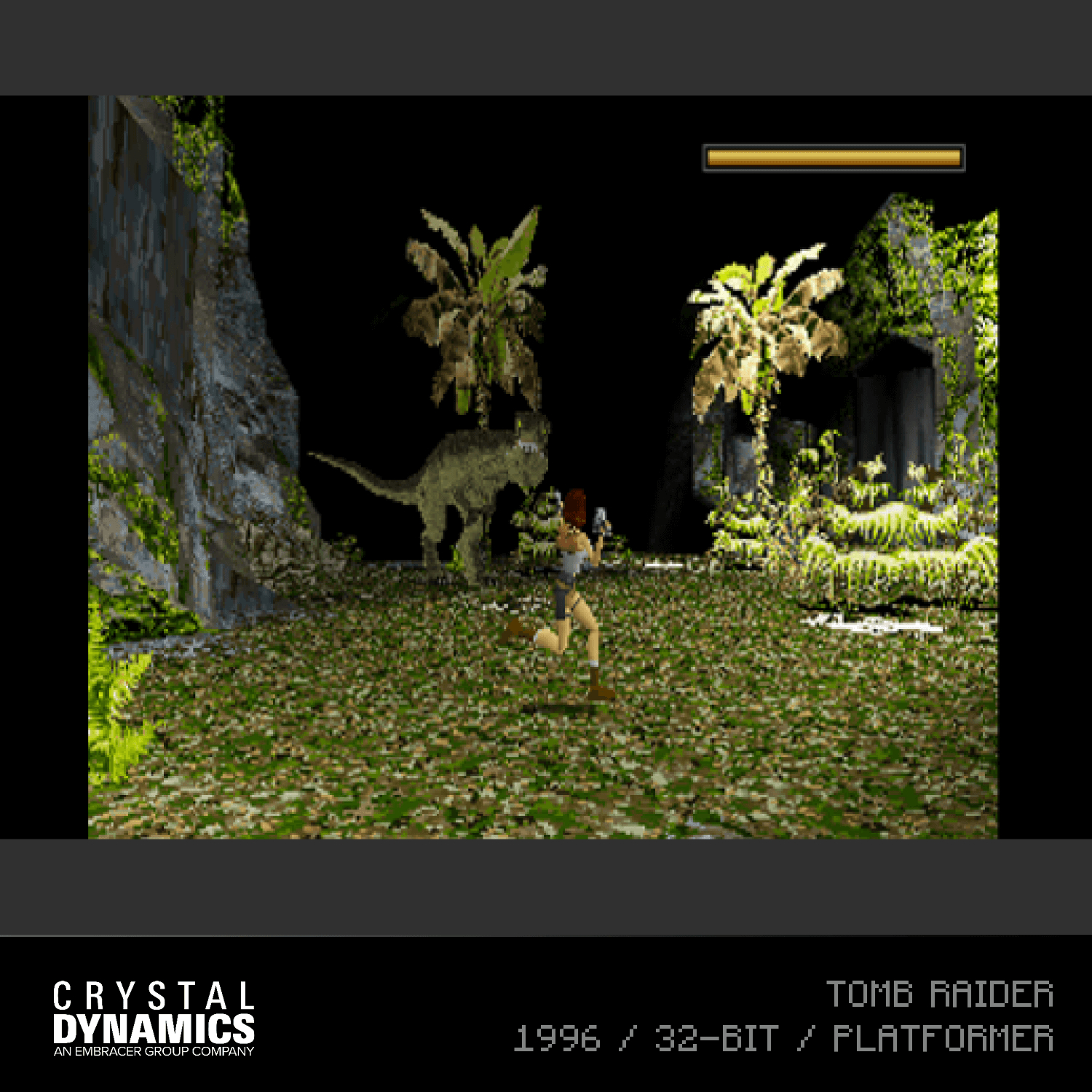 Tomb Raider-Videospiel, verpixeltes Bild einer Frau, die im Dschungel rennt.