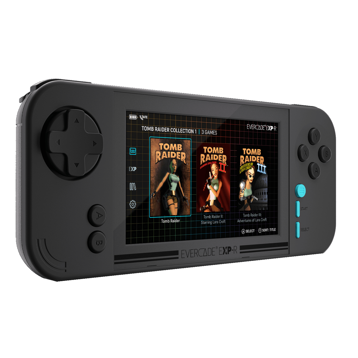 Schwarze Handheld-Konsole mit Tomb Raider-Spielen. Tasten sichtbar.