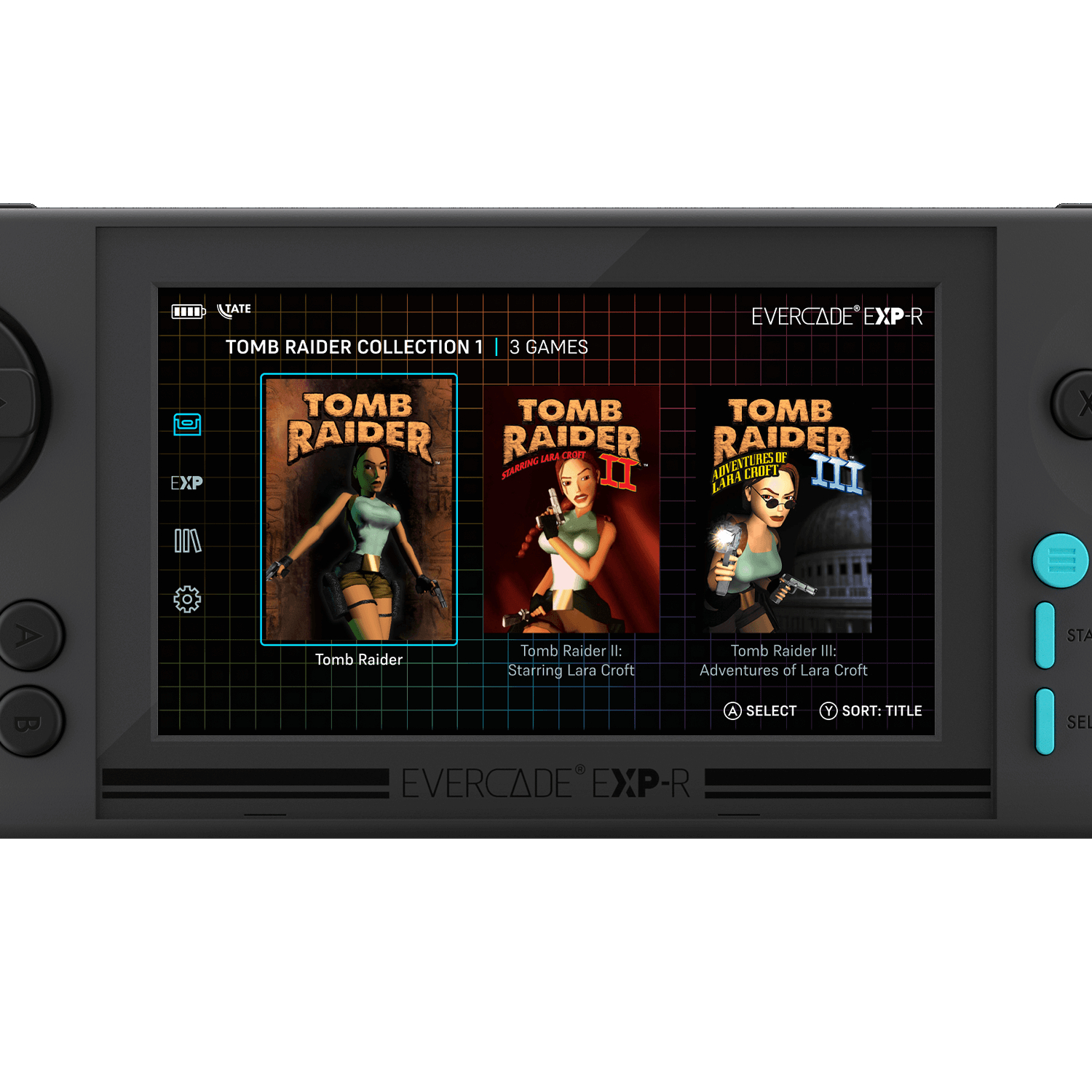 Eine Handheld-Spielekonsole, die Tomb Raider Spiele auf dem Bildschirm zeigt.