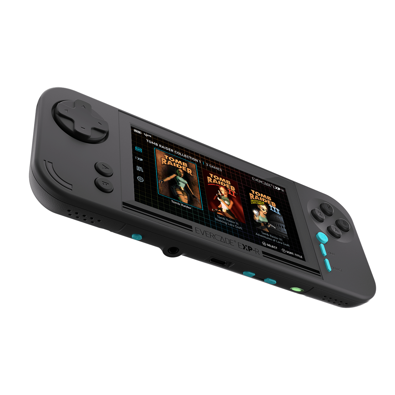 Eine schwarze Handheld-Konsole mit Tomb Raider-Spielbildschirmen.