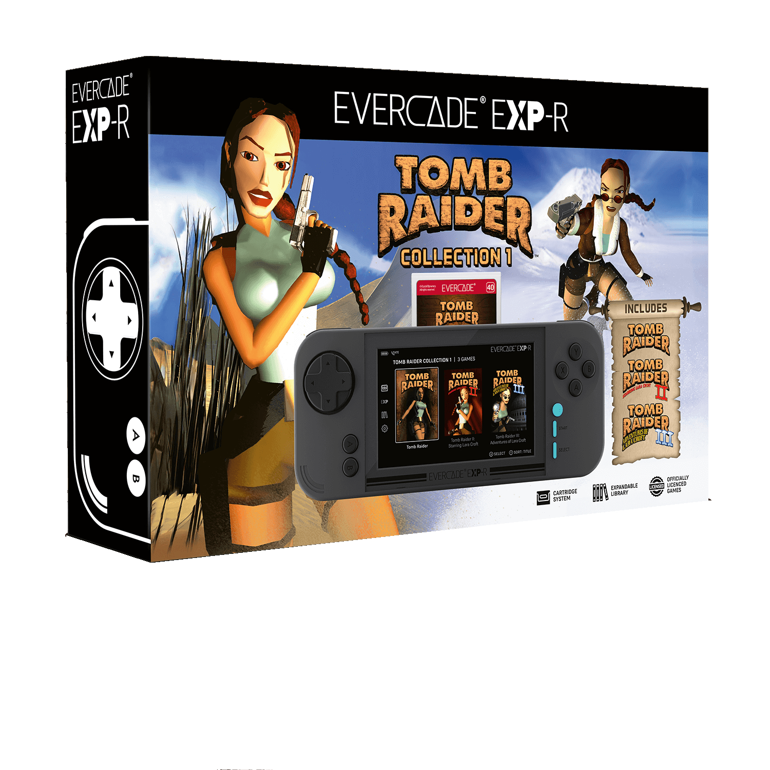 Evercade EXP-R Tomb Raider Spielekonsolenbox mit Lara Croft Bild.