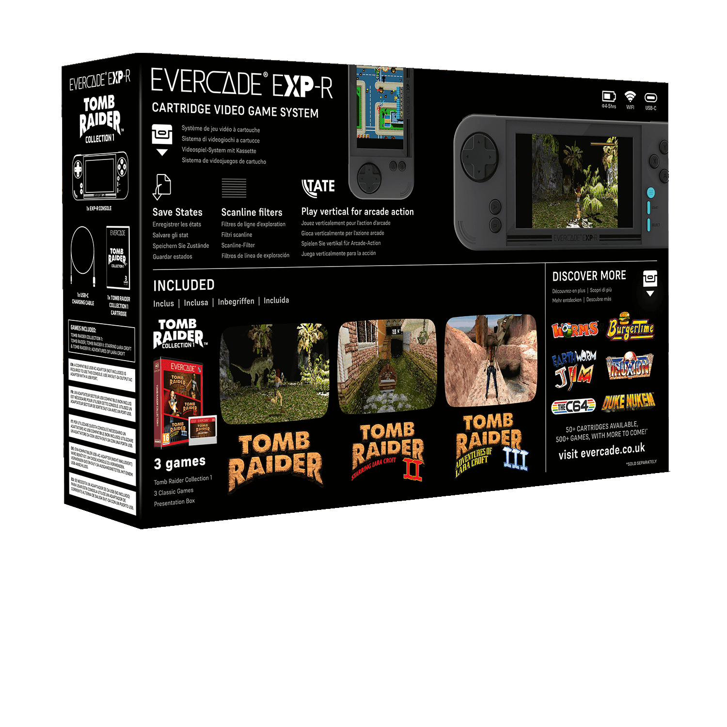 Eine Spielkonsolenbox mit Spielkassetten und Bildern von Spielen.