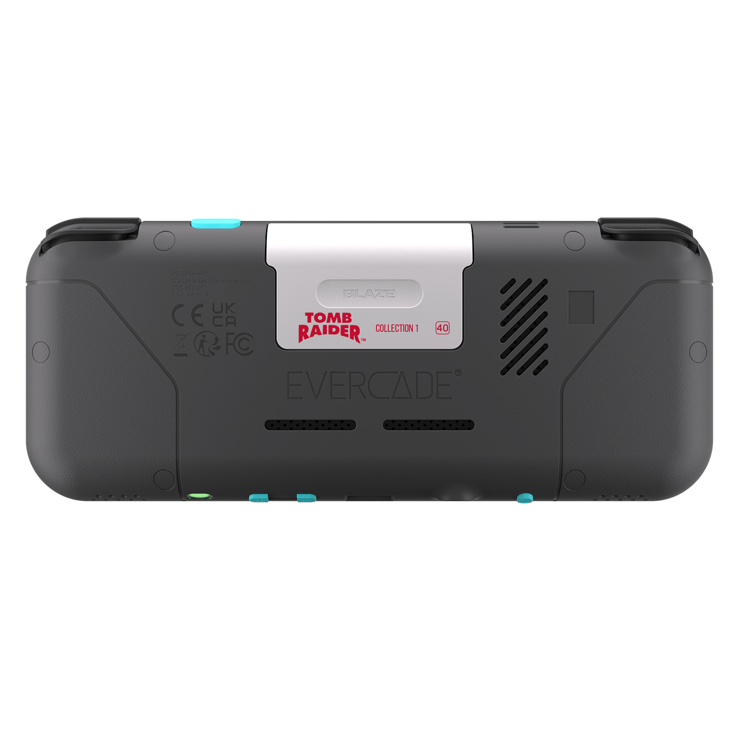 Rückseite einer Evercade Blaze Handheld-Spielekonsole, grau mit blauen Akzenten, Tomb Raider-Branding.