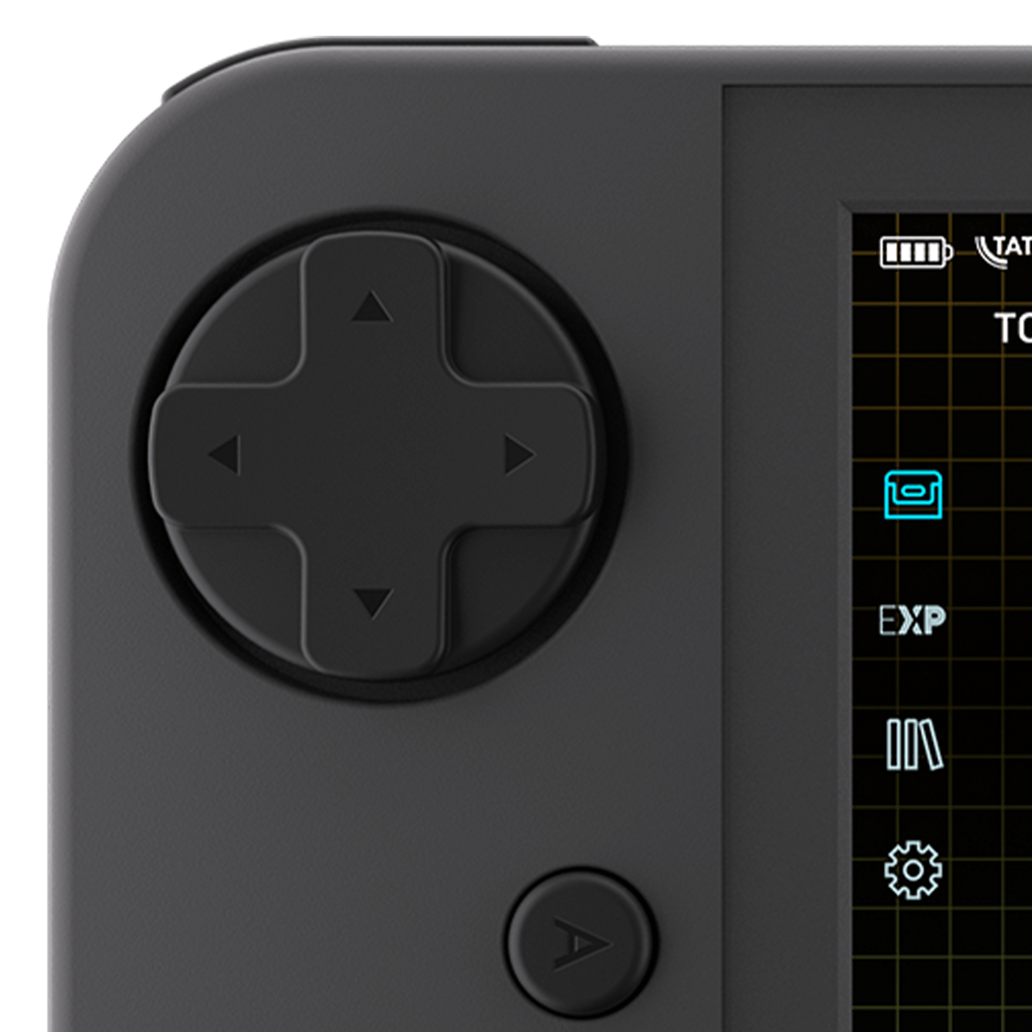 Nahaufnahme einer schwarzen Handheld-Konsole mit Steuerkreuz und Tasten.
