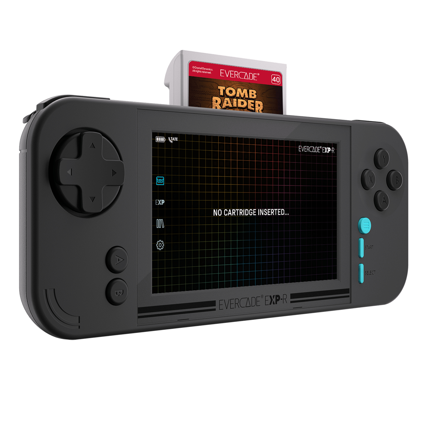 Schwarze Handheld-Spielkonsole mit eingelegter Tomb Raider-Kassette.