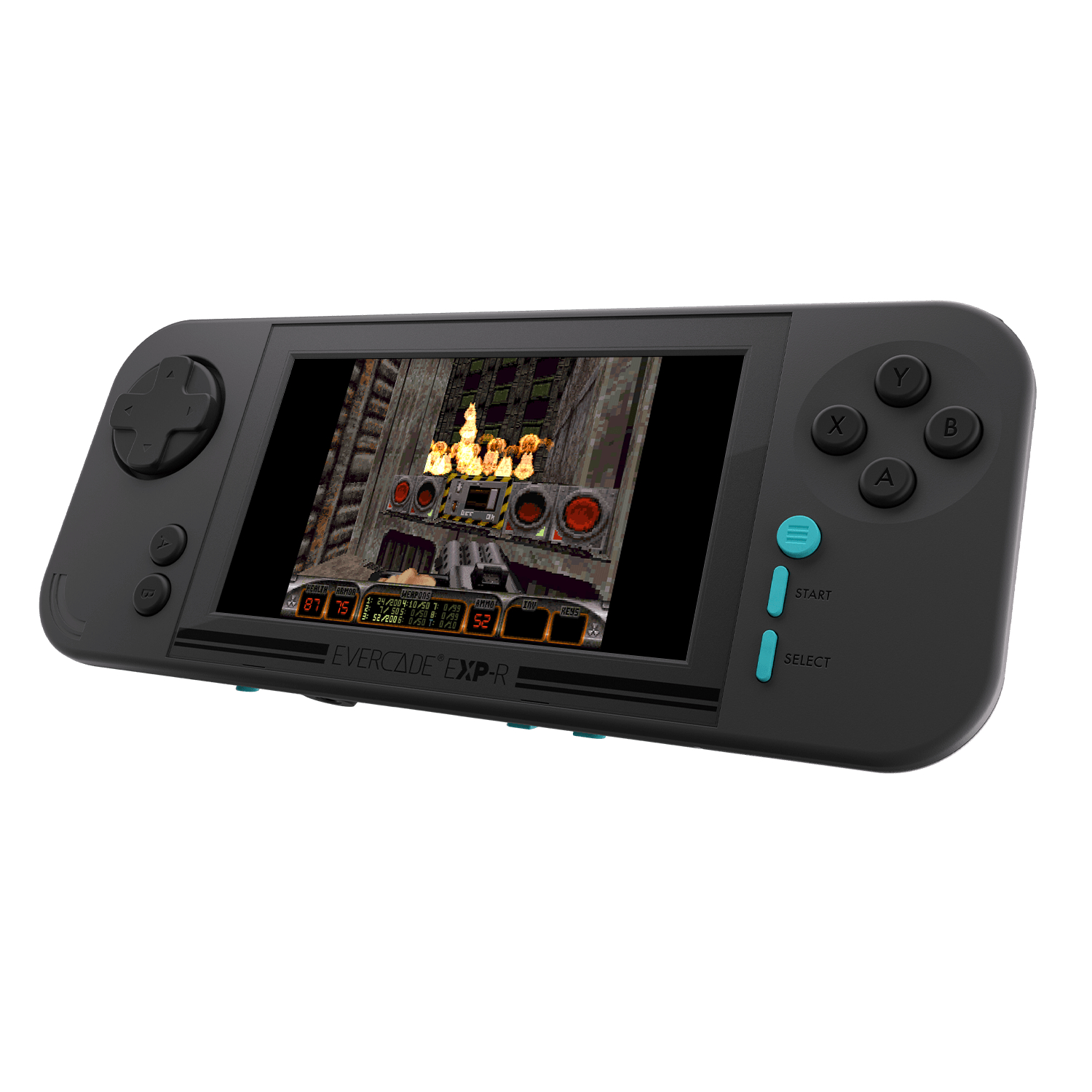 Schwarze Handheld-Konsole, die ein Retro-Videospiel anzeigt.