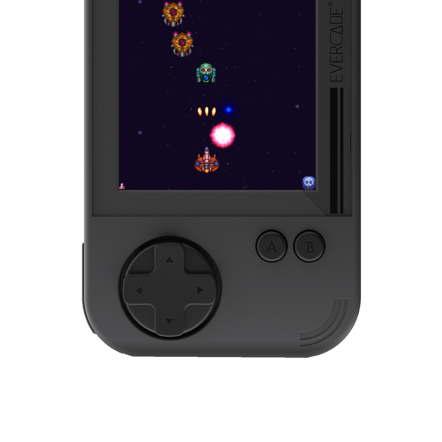 Schwarze Evercade-Handheld-Konsole mit Spielbildschirm und Bedienelementen.