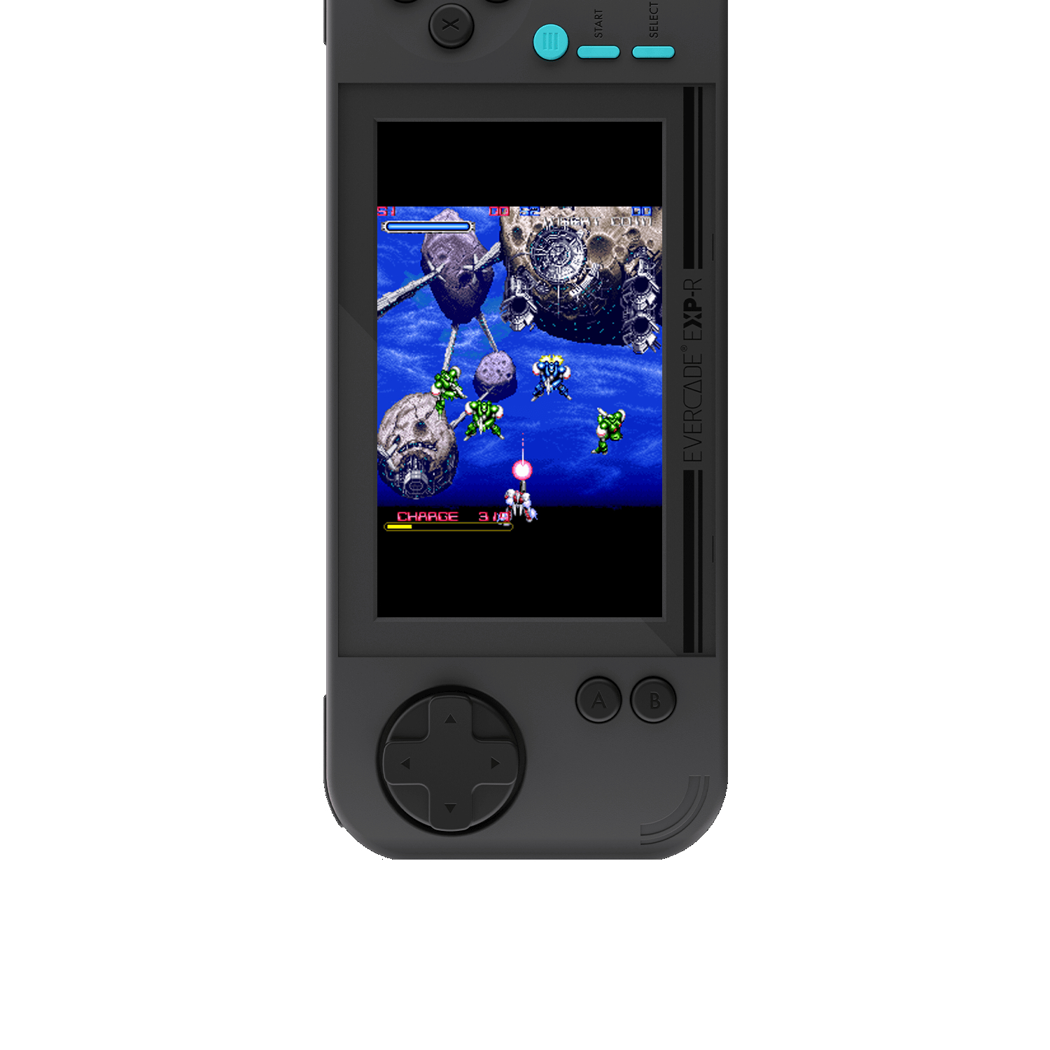 Eine tragbare Spielkonsole mit einem Bildschirm, der ein Spiel anzeigt.