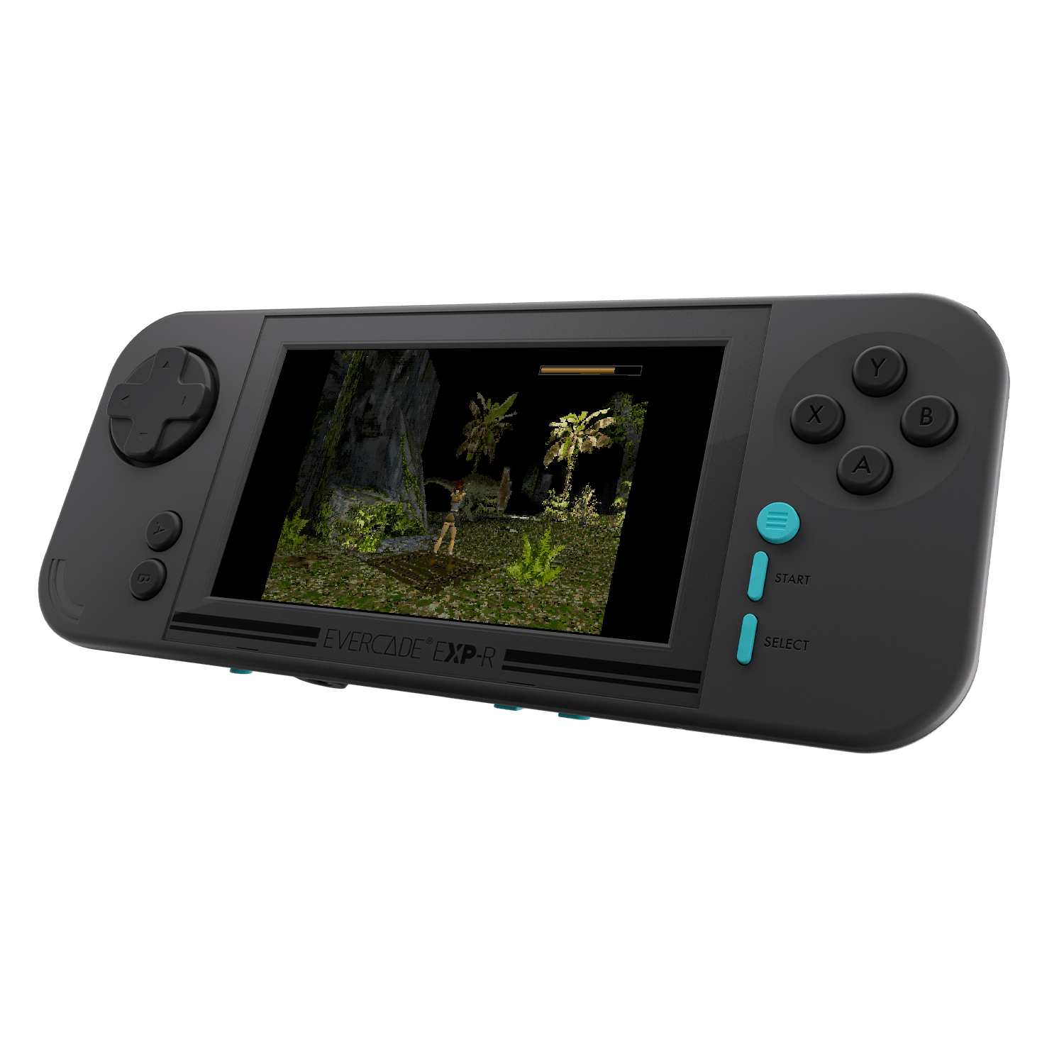 Schwarze Handheld Evercade EXP-R Konsole mit einem auf dem Bildschirm angezeigten Spiel.