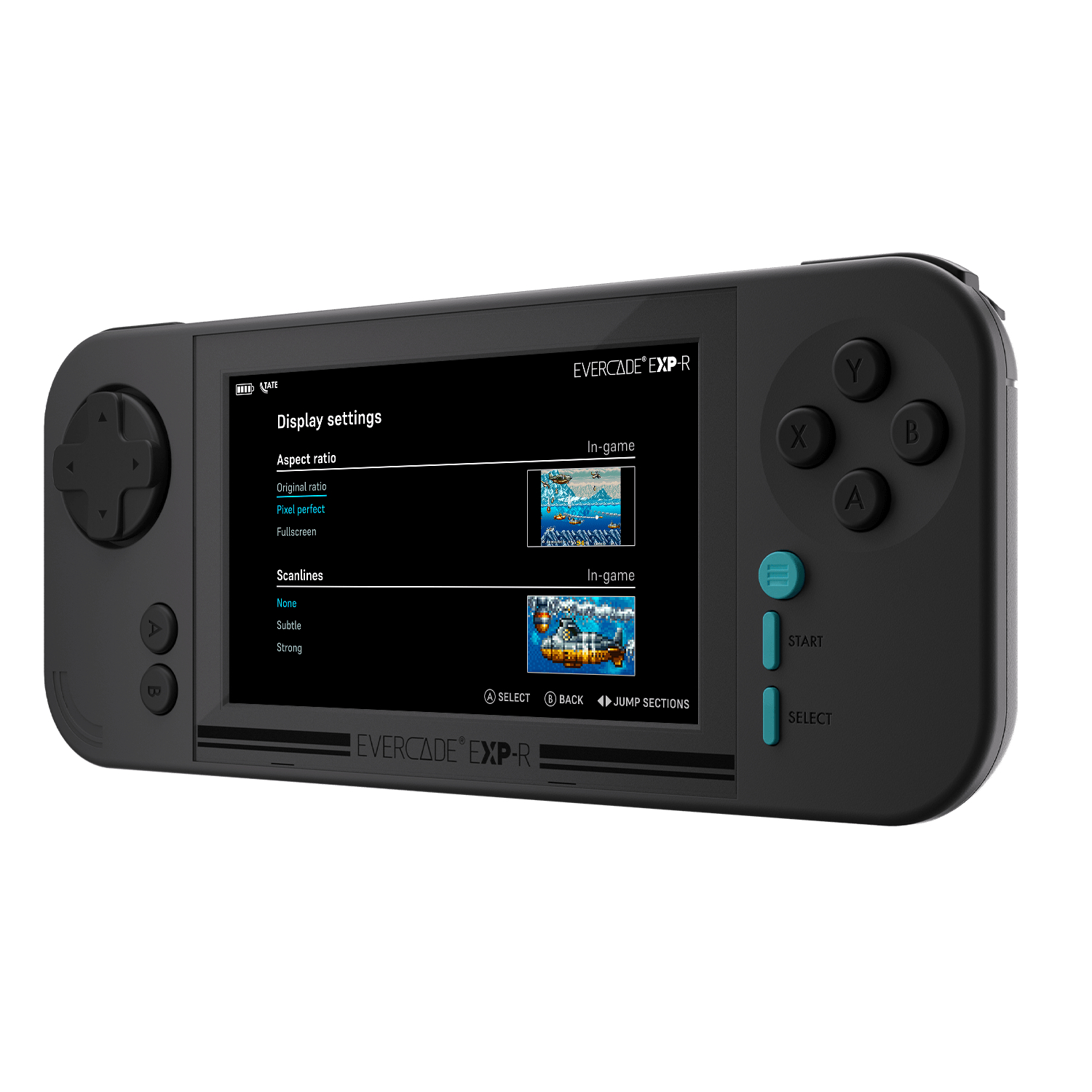 Schwarze Handheld-Konsole. Der Bildschirm zeigt eine Spieloberfläche mit Tasten und Einstellungen.