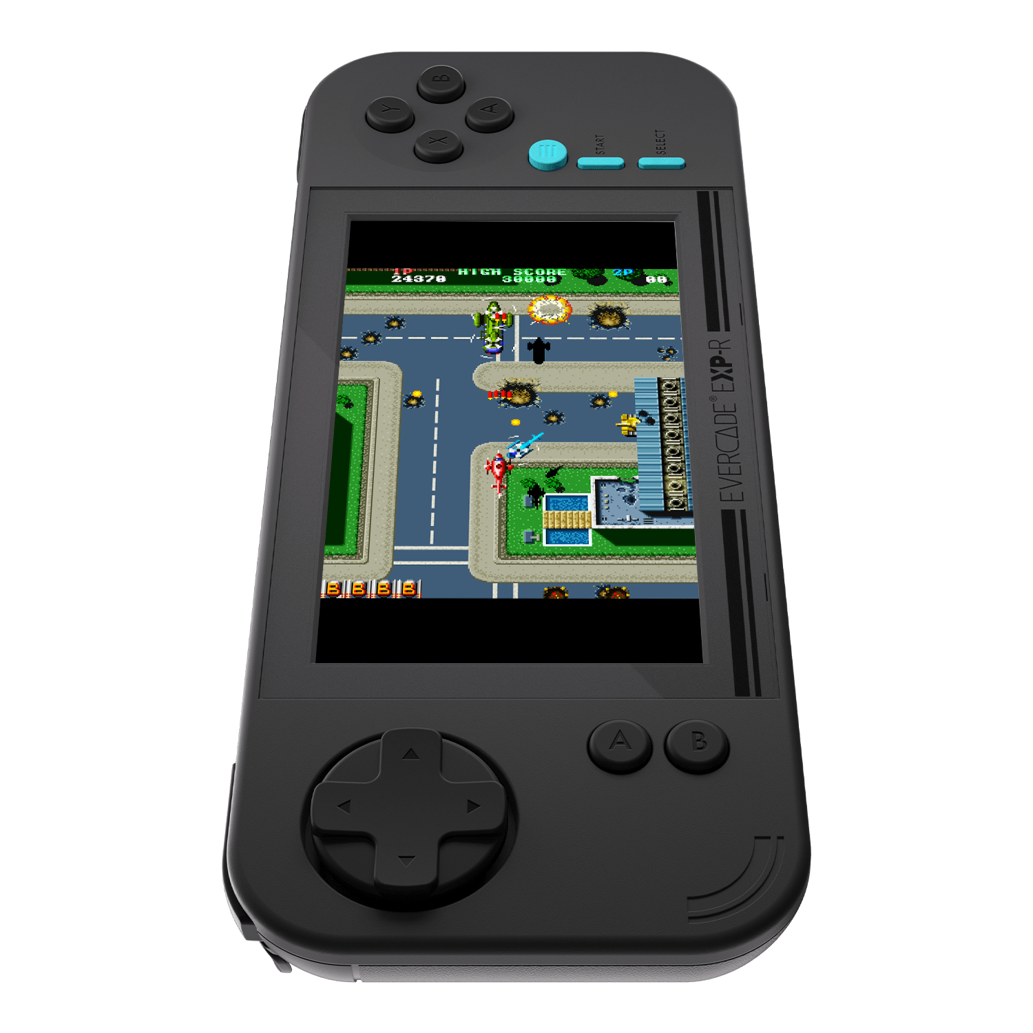 Eine schwarze Handheld-Konsole zeigt ein Retro-Spiel auf dem Bildschirm an, mit Bedienelementen.