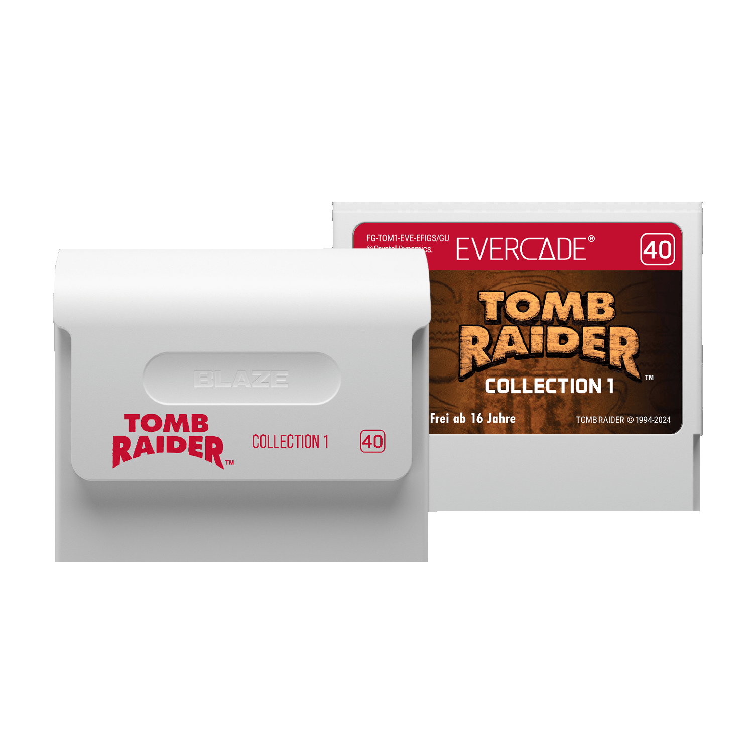 Zwei Spielmodule, eines weiß mit 'Tomb Raider', das andere schwarz mit 'Tomb Raider Collection 1'.