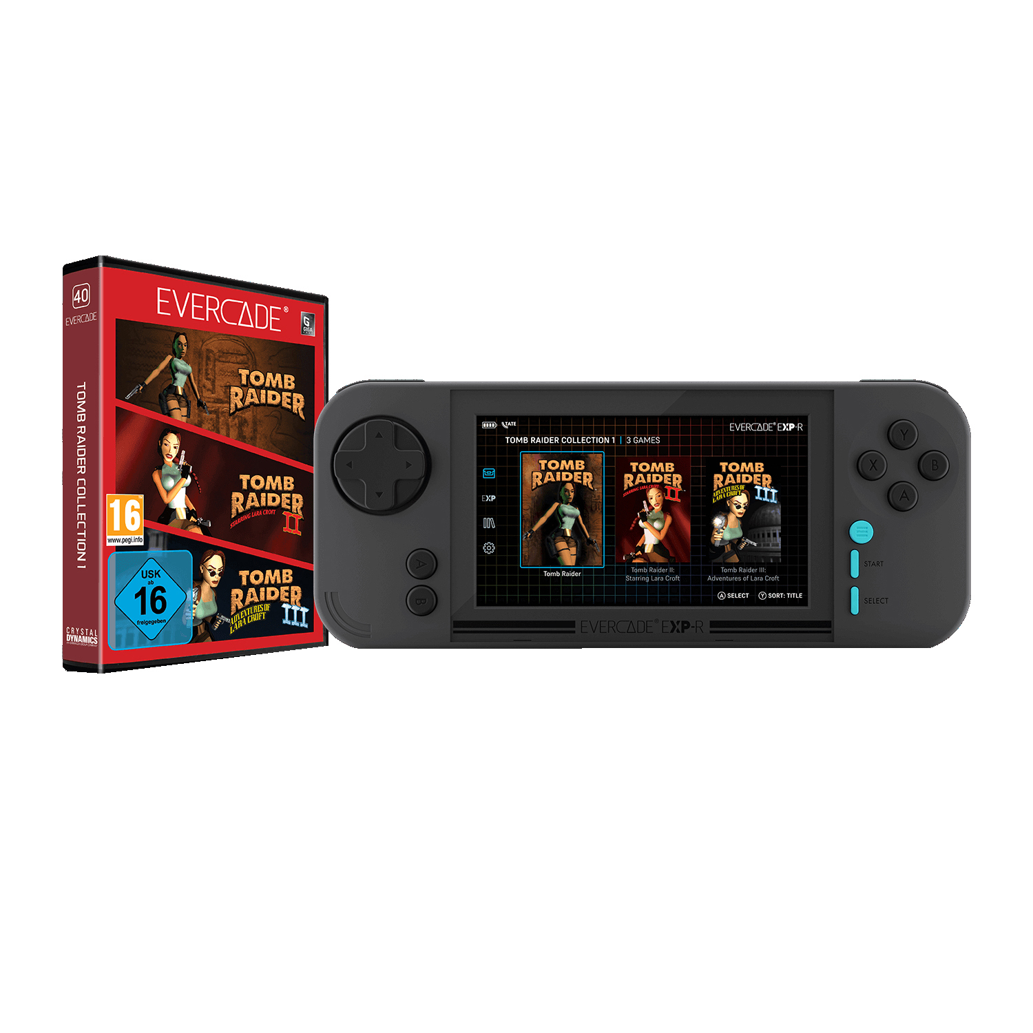 Eine Handheld-Konsole mit Spielkassette und Box mit Tomb Raider-Spielen.