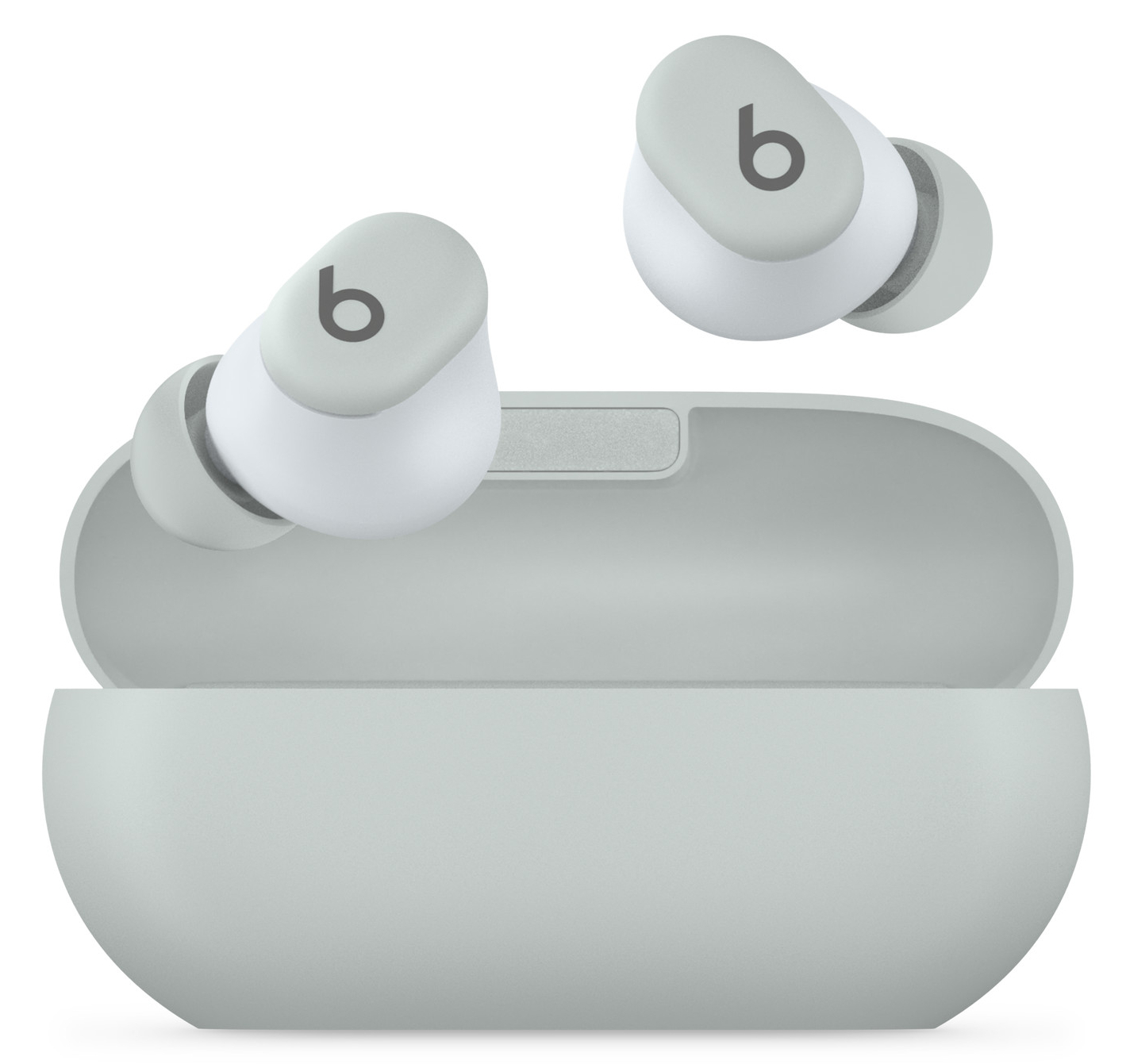 Beats Studio Buds. Białe słuchawki i etui ładujące. Etui jest jasnoniebieskie.