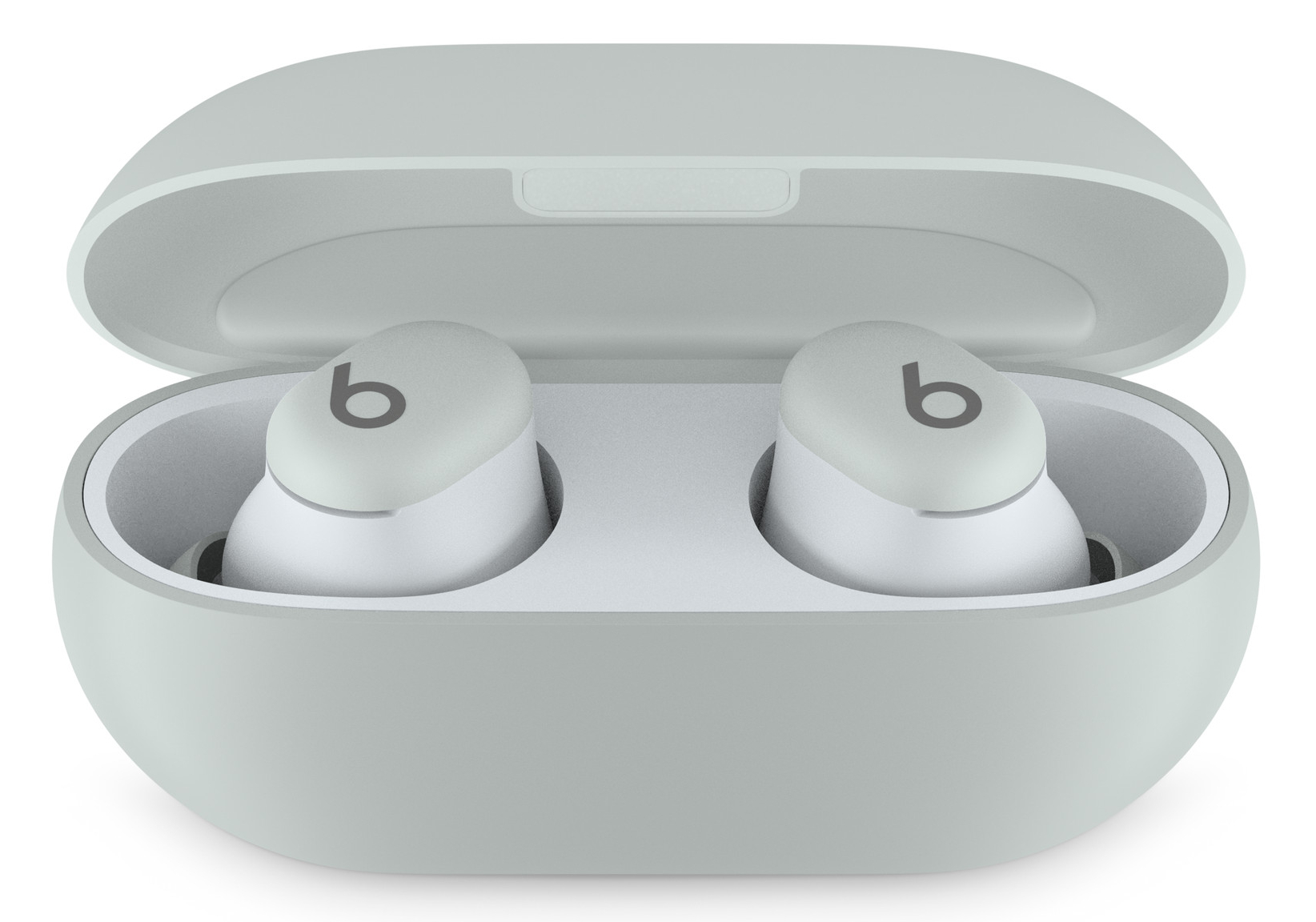 Otwarty futerał ładujący słuchawek Beats z wkładkami dousznymi w środku na białym tle.