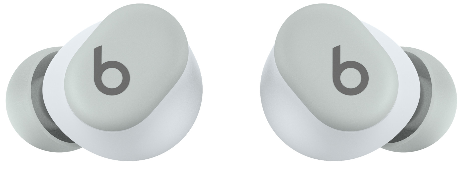 Para białych i szarych słuchawek Beats. Logo 'b' jest widoczne na każdej słuchawce, na białym tle.