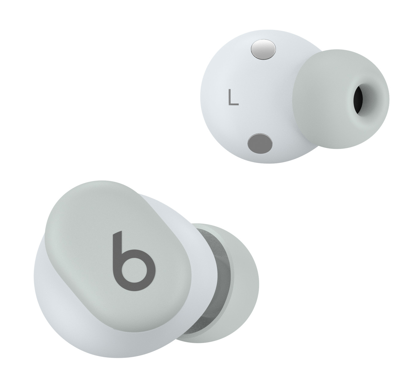 Dwa jasnoszare słuchawki Beats, jeden z literą 'L', drugi z logo 'b'.