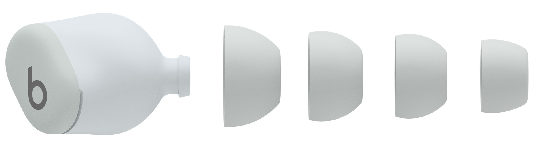 Biała słuchawka z logo i wkładkami dousznymi różnych rozmiarów. Słuchawki białe, wkładki szare.