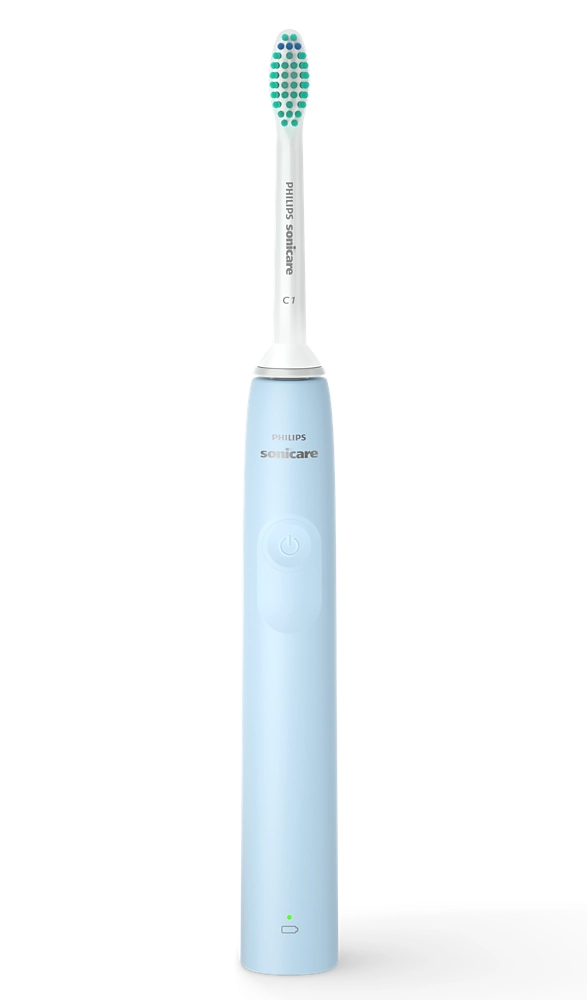 Világoskék Philips Sonicare fogkefe fehér háttér előtt.