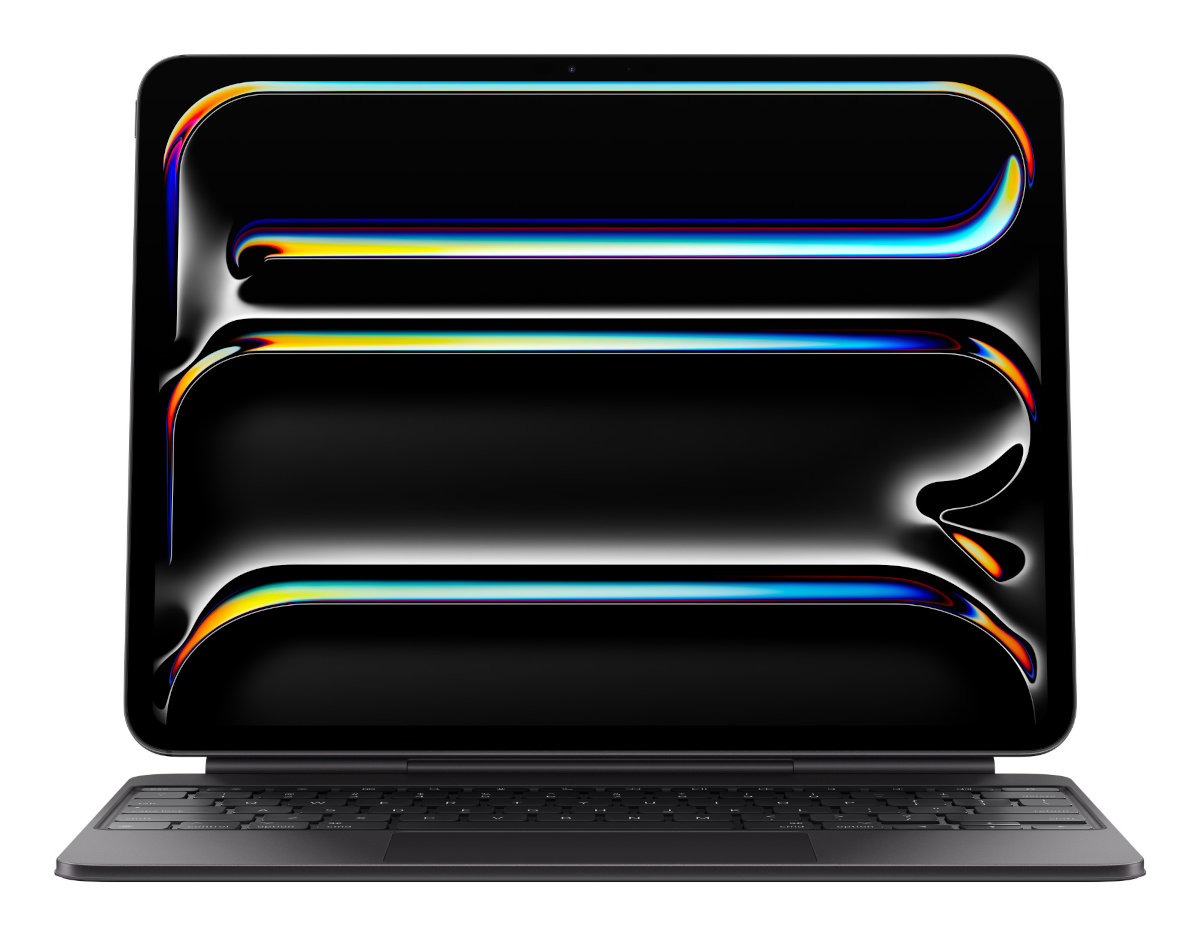 Czarny laptop z ekranem pokazującym kolorowy abstrakcyjny obraz. Klawiatura poniżej. Białe tło.