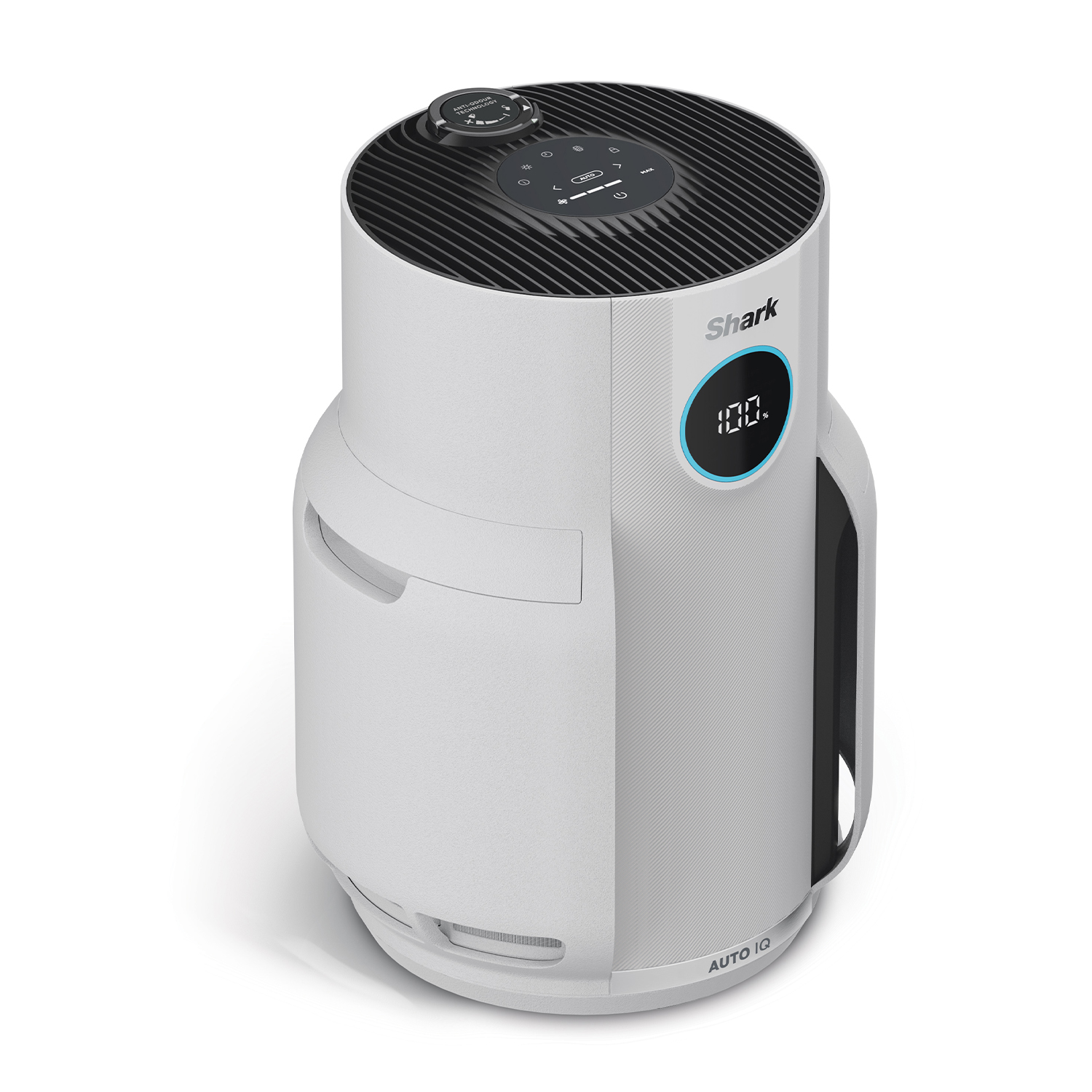 Un purificatore d'aria, bianco con la parte superiore nera e un display circolare che mostra numeri.