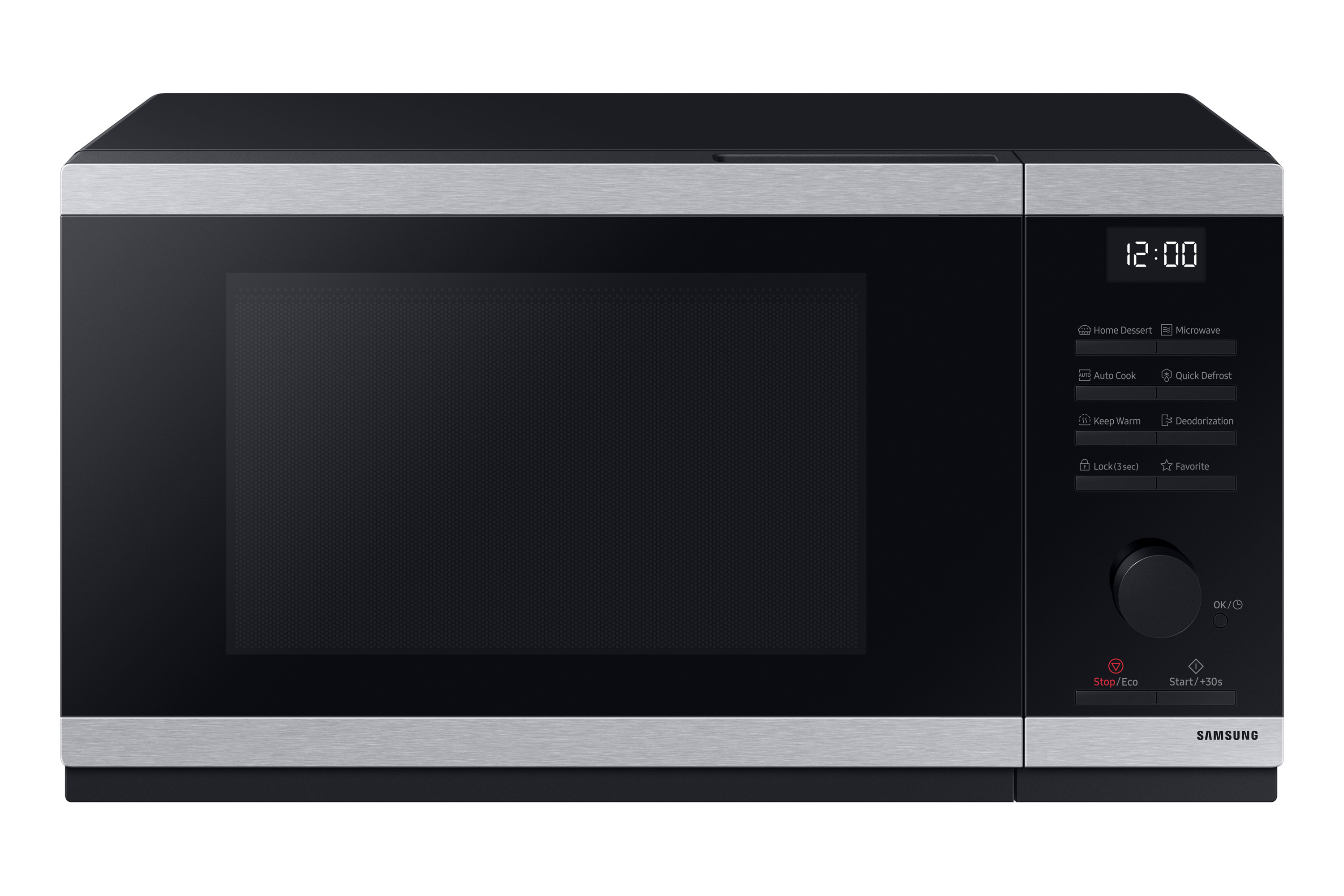 Kuchenka mikrofalowa z ciemnym przodem, srebrnymi bokami i cyfrowym zegarem. Tło jest białe.