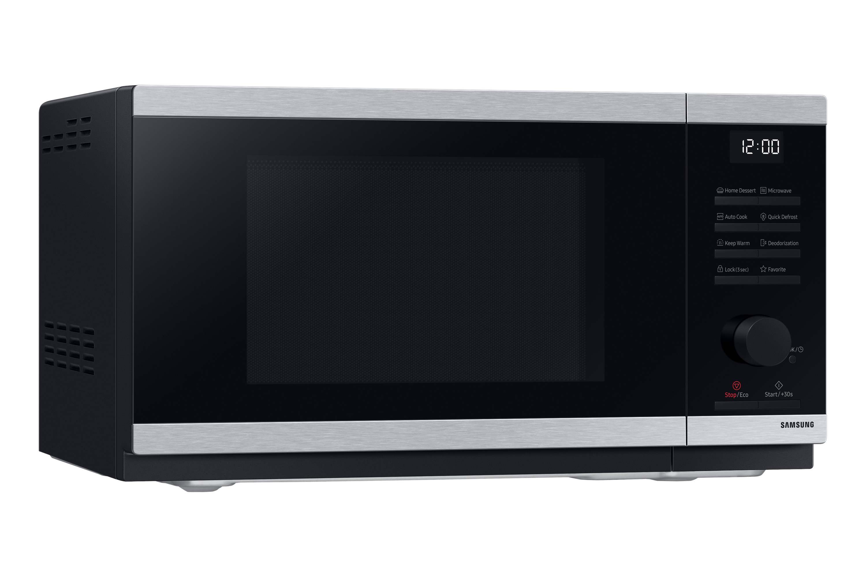 Czarna kuchenka mikrofalowa ze srebrną górą. Kuchenka jest wyłączona, a wyświetlacz pokazuje czas.