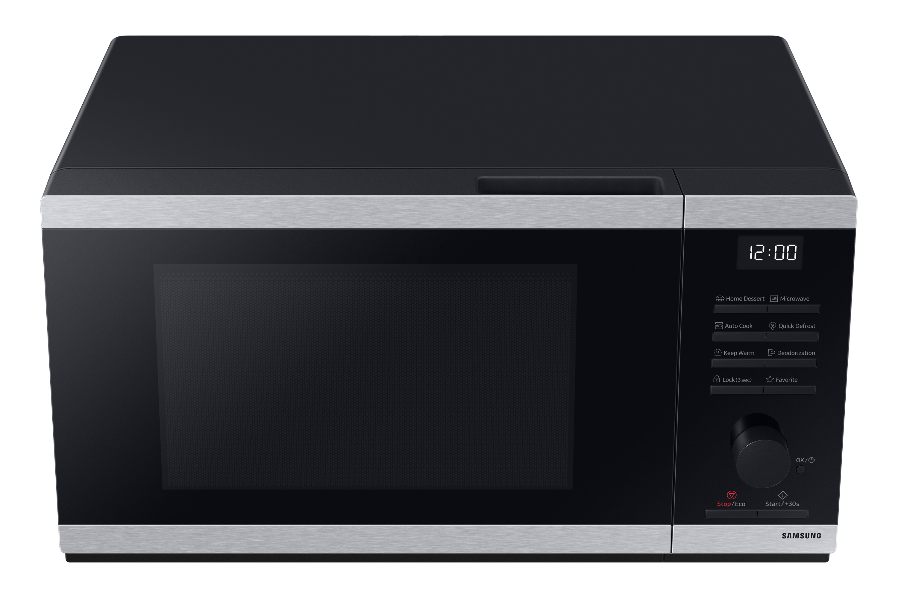 Czarno-srebrna kuchenka mikrofalowa z wyświetlaczem cyfrowym. Piekarnik ma panel sterowania i uchwyt.