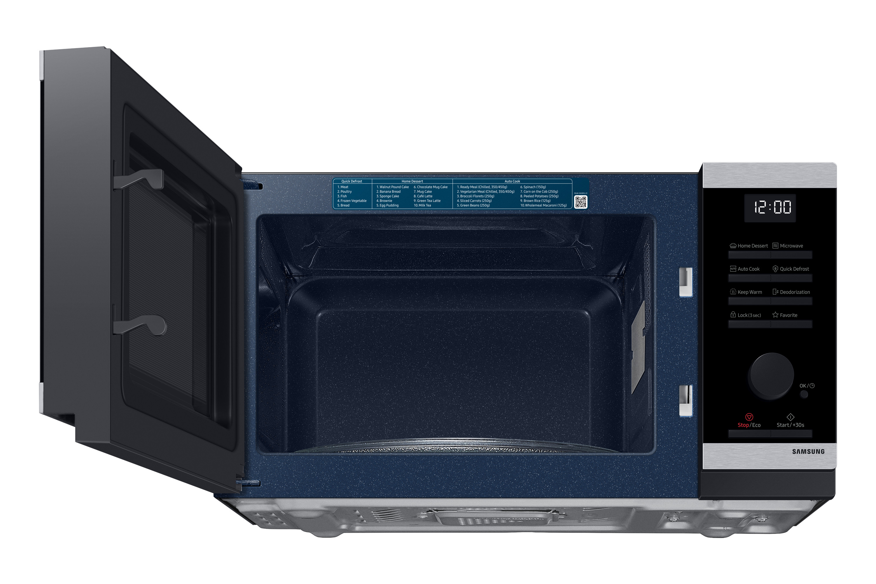 Mikrofalówka z otwartymi drzwiami, pokazująca wnętrze z panelem sterowania.