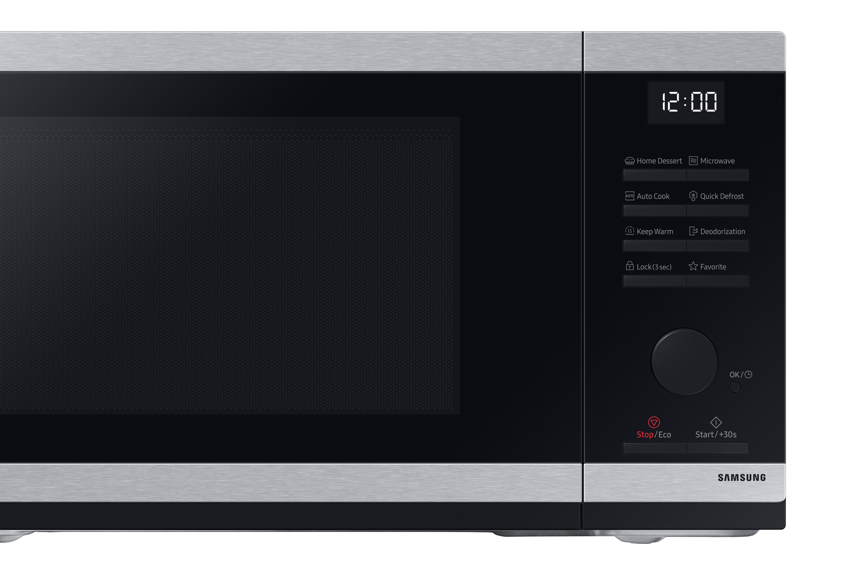 Kuchenka mikrofalowa z wyświetlaczem cyfrowym i przyciskami. Wyświetlacz pokazuje 12:00. Przód ma czarne drzwi.