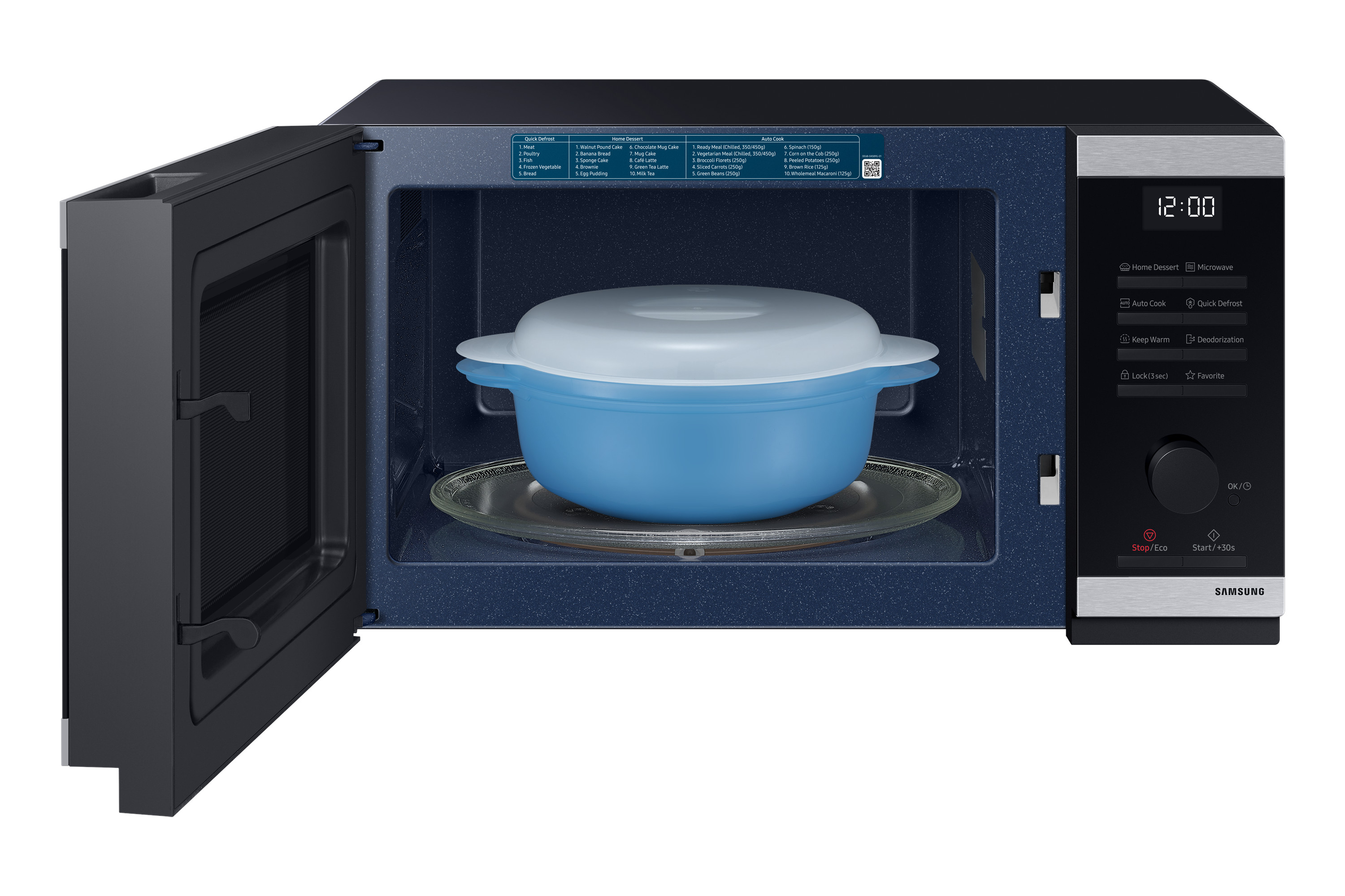 Kuchenka mikrofalowa Samsung z otwartymi drzwiami, pokazująca niebieską miskę na szklanym talerzu.